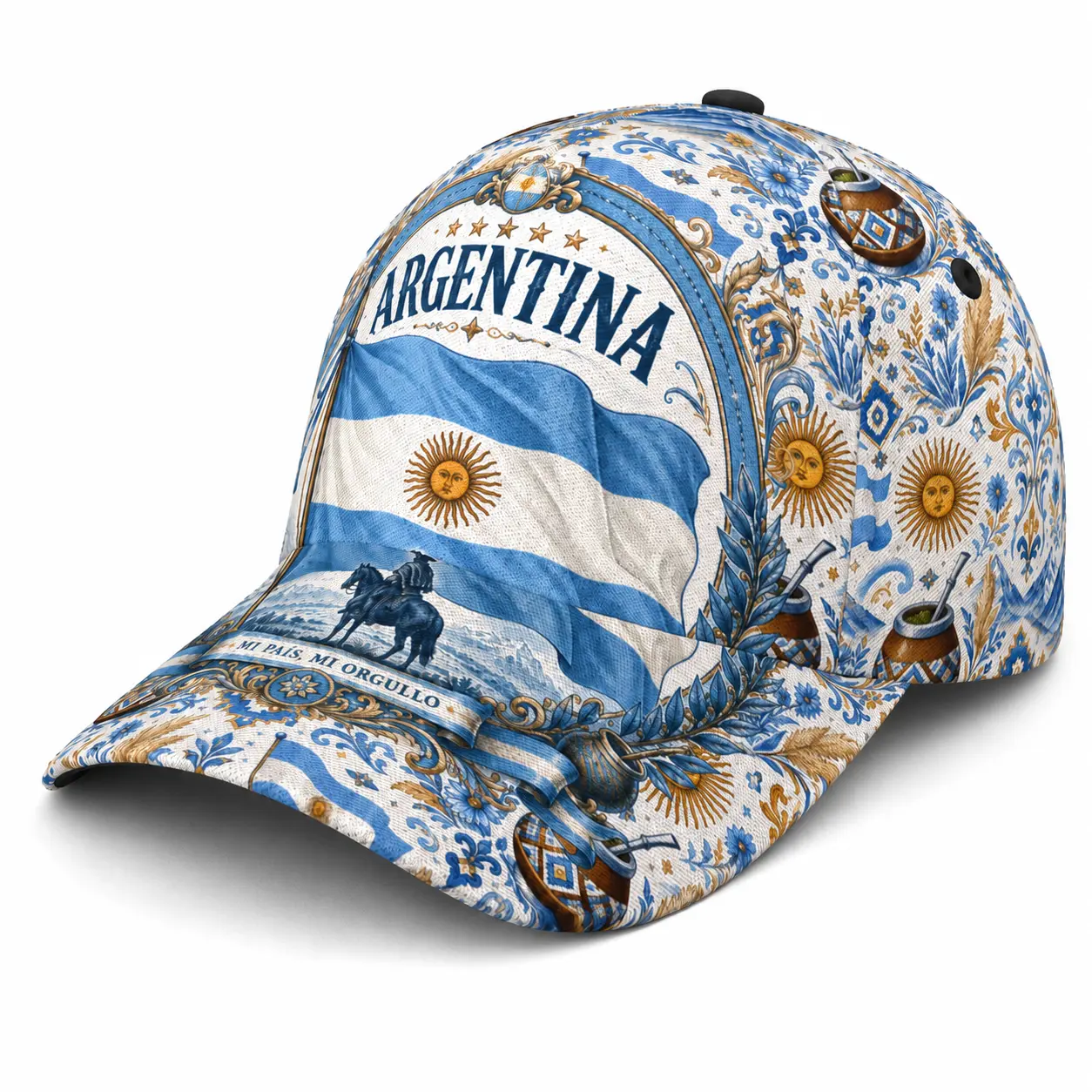 Argentina Snapback Baseball Cap, Blue White Graphic Hat, Vintage Ornamental Pattern Adjustable Fan Game Day Outdoor Casual Cap,unique birthday gift,fashion,back-to-school style,hiphop,sport gym,daily casual style,vintage,good graphic,2026