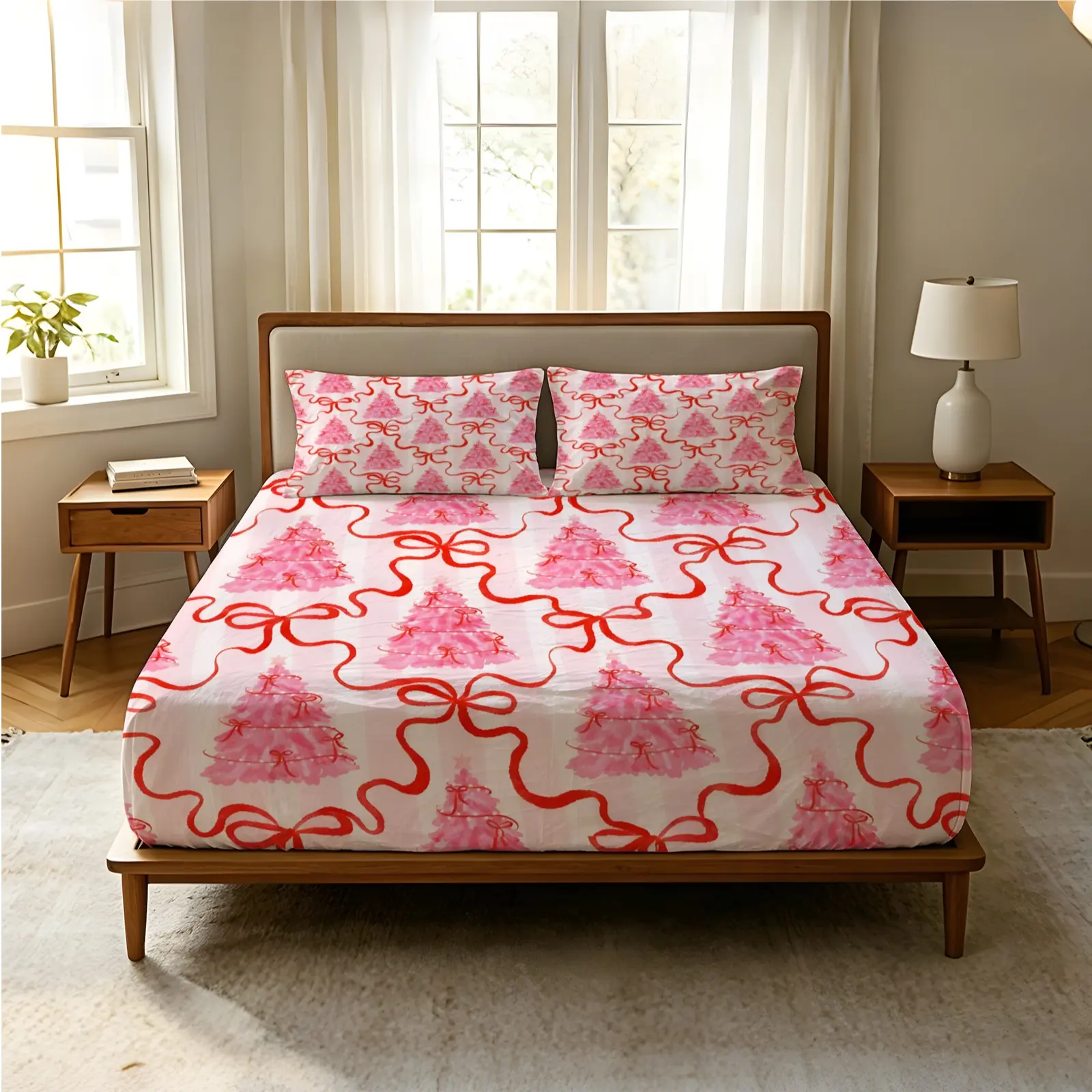3 Piece Cute Pink Christmas Tree and Red Bow Print Fitted Sheet Set, Atmospheric Girly Christmas Theme, Comfortable and Durable, Suitable for Girls' Bedrooms, Dorm Rooms, and Guest Rooms, Suitable for all Seasons