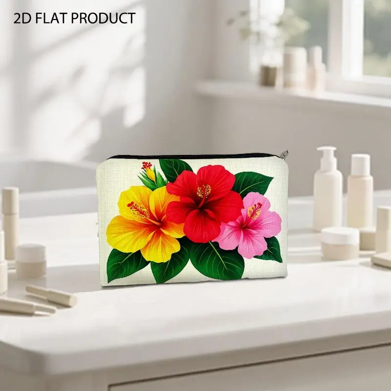 Tropical Hibiscus Floral Print Cosmetics Bag, 5.9*8.66inch Double-Sided Printed Design, Portable Lightweight Beauty Pouch for Storing Makeup & Skincare Items, Ideal for Daily Use, Travel & Overnight Trips