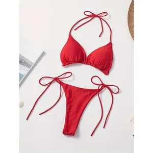 Solid color simple bikini new style, with a unique and dynamic tie-up design, creating a dazzling girl look, perfect seaside vacations, beach photos, and a trendy summer fashion item