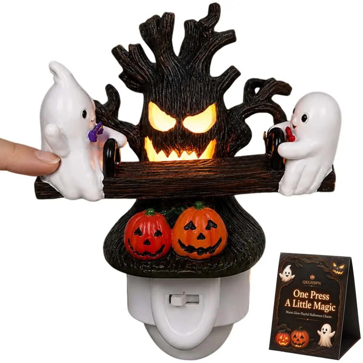 Friendly Ghosts Move up and Down for Playful Halloween Charm, Animated Seesaw Ghost Night Light, Manual Press Rocker Plug in Resin Wall Decor Glowing Tree Face Pumpkin Bedroom