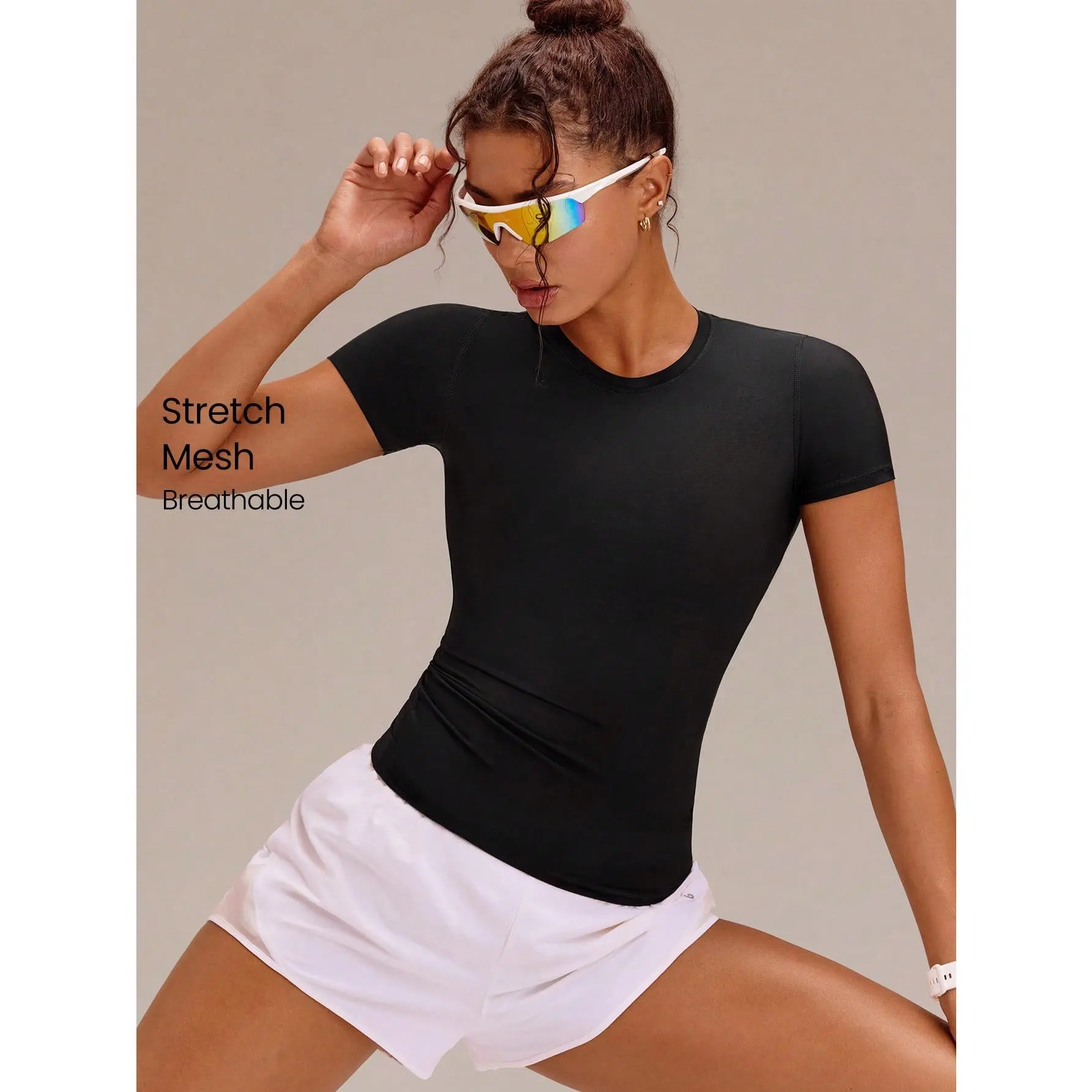 GLOWMODE Stretch Mesh AirFlex Fitted Compression Breathable Hip-Length Stay-Put Contrasting Back Logo Short Sleeve Tee Running Workout Gym