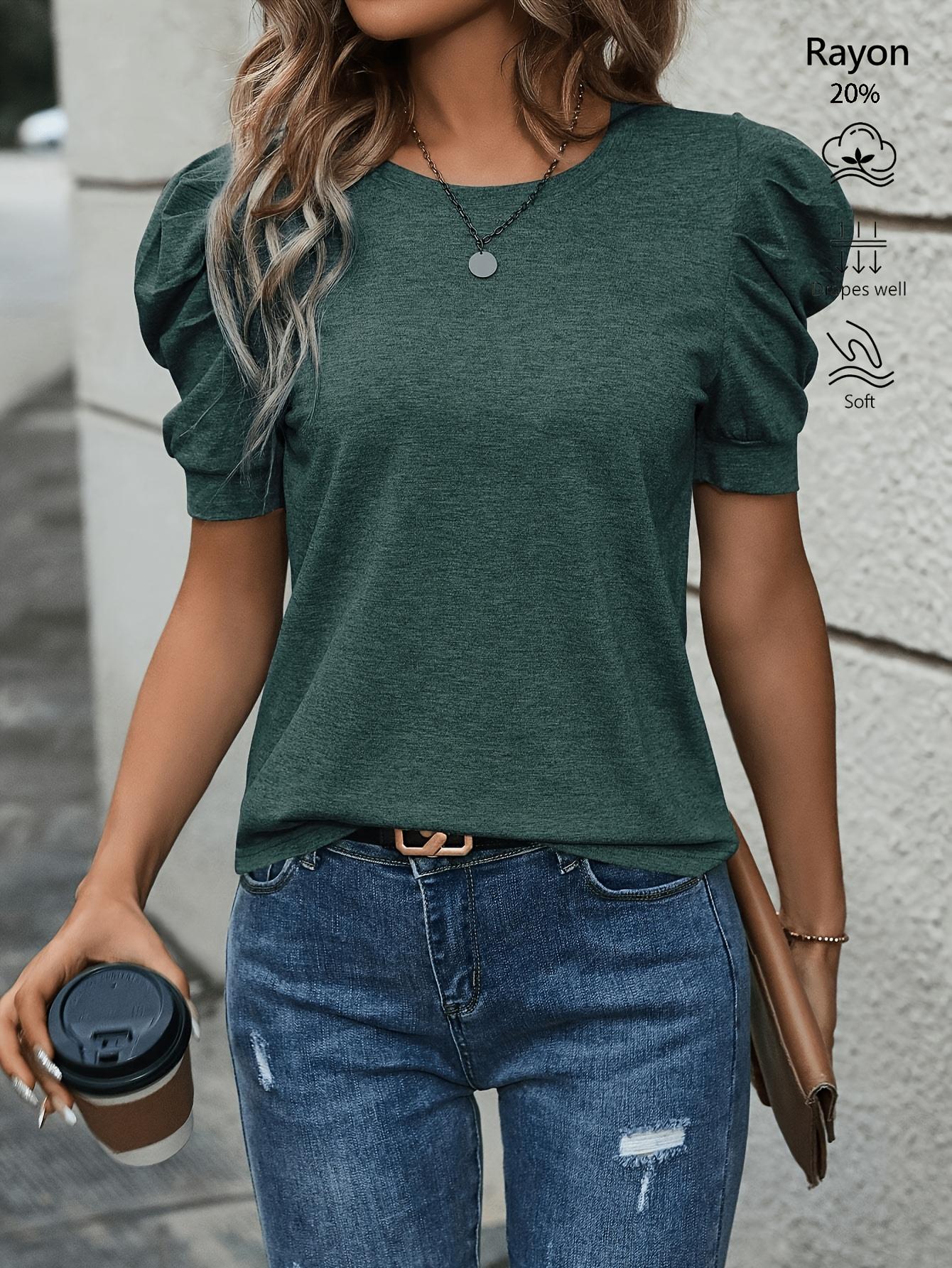Women's Ruffle Short Sleeve Sweater Casual T Shirts Summer 2026 Knitted Tops Round Neck Blouse Lantern Sleeve T-Shirt - Women's Solid Color