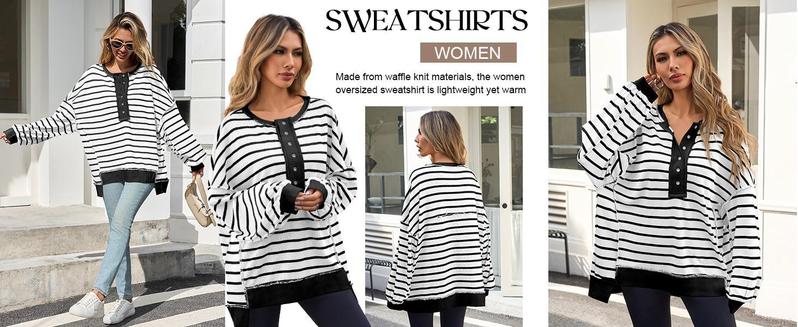 Imily Bela Womens Oversized Striped Sweatshirts Henley Shirts Color Block Casual Pullover Waffle Knit Tops