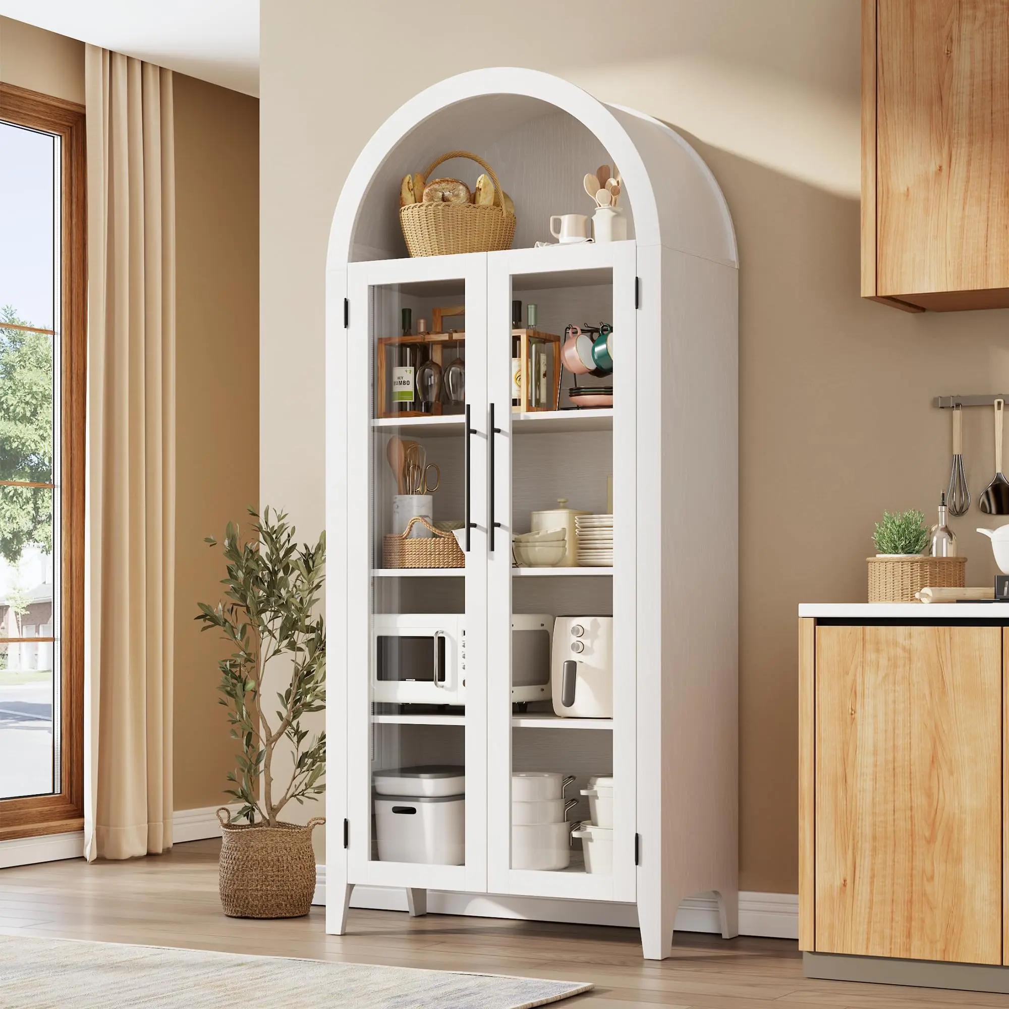 GARVEE Arched Kitchen Storage Cabinet 5-Tier Display Rack with Adjustable Shelves and Glass Doors, Multi-Functional Bookcase for Dining, Living Room, White pantry  cabinet tier bookcase