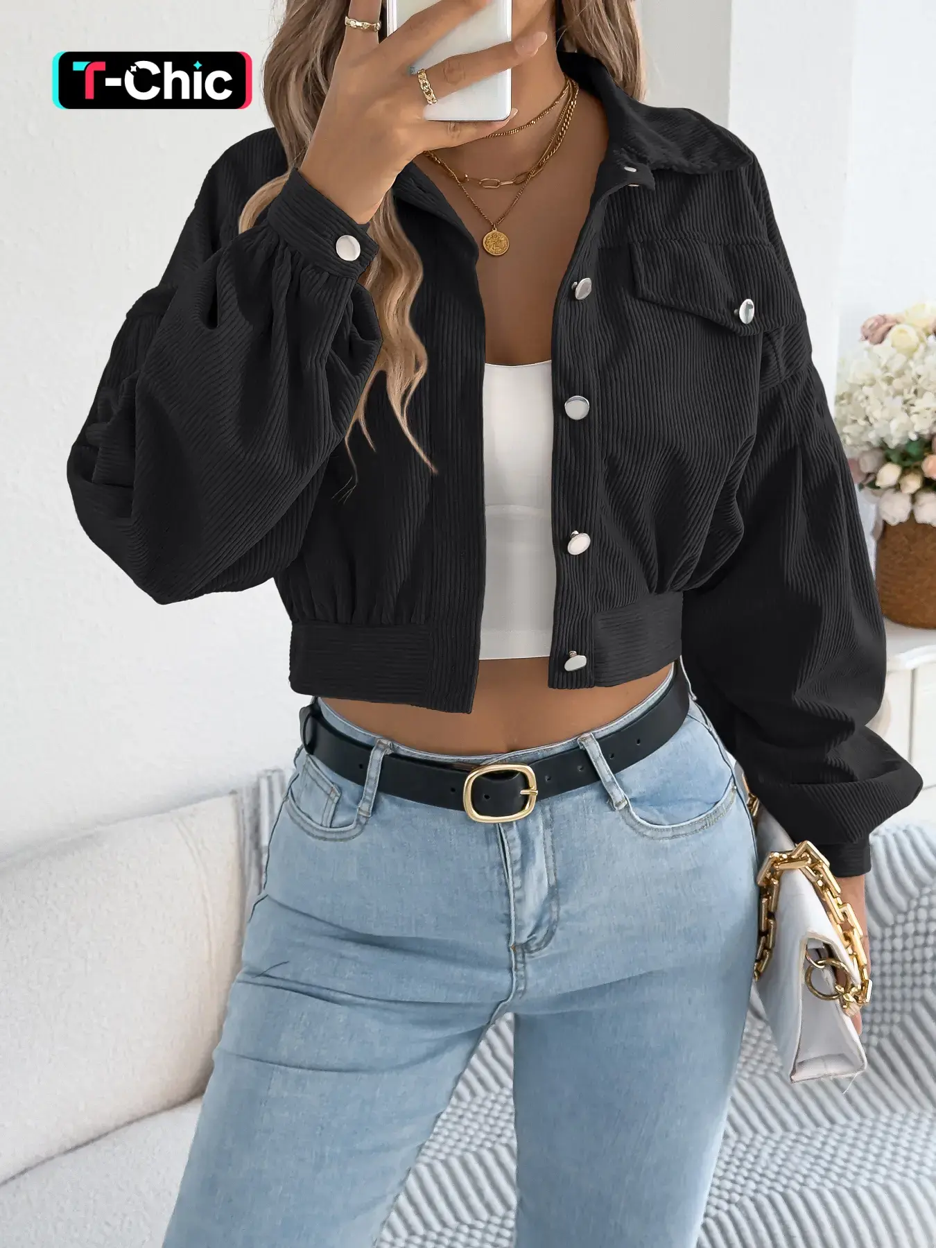 Autumn Winter Style Basic Lantern Sleeve Long Sleeve Corduroy Solid Color Casual Fitted Short Jacket Coat Outerwear Womenswear for Women & Men