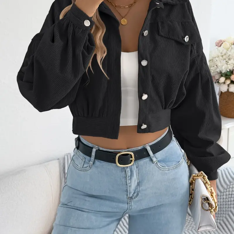 Autumn & Winter Style Women and Men Lantern Sleeve Corduroy Solid Color Casual Fitted Short Jacket Outerwear
