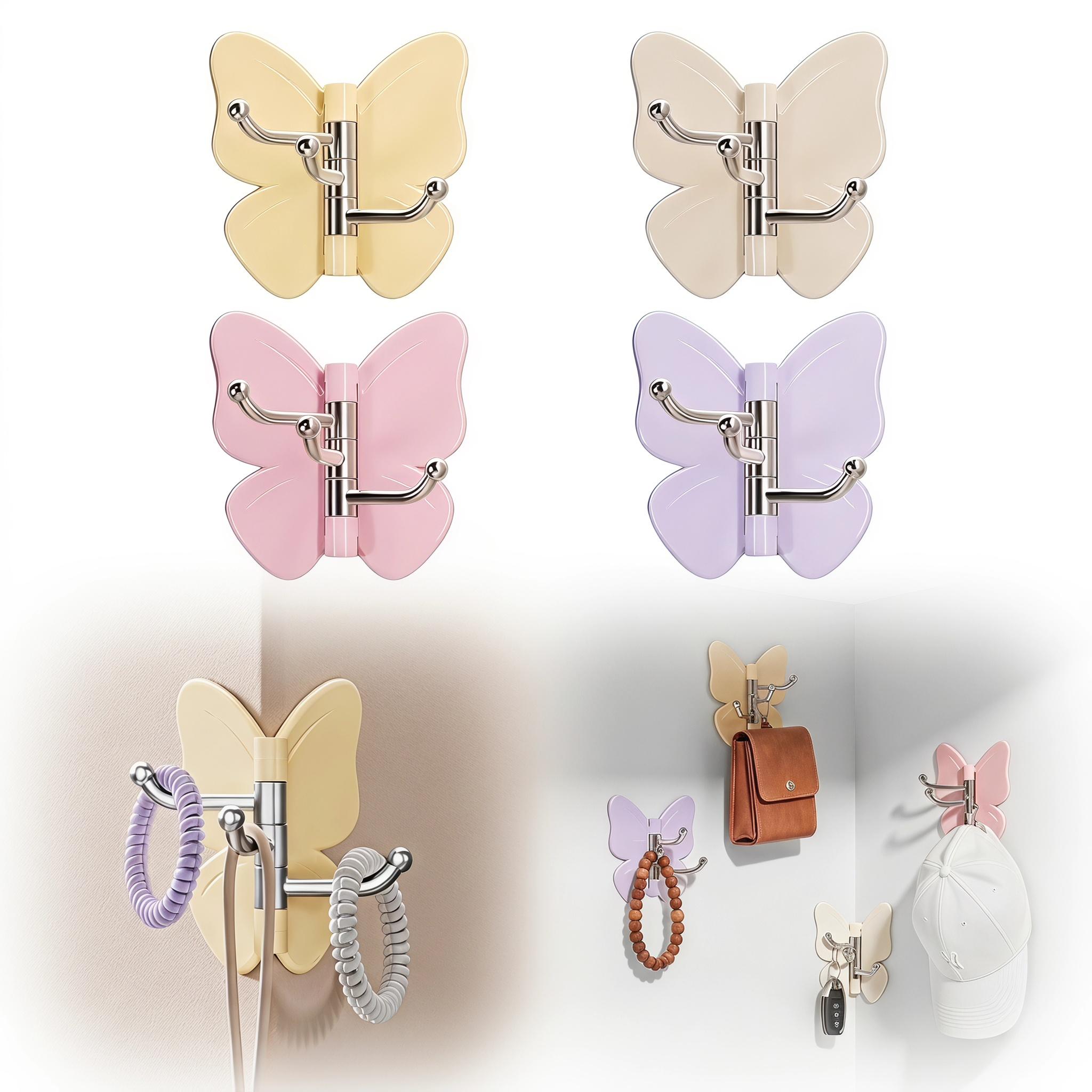 【DealsForYouDays】4-Pack Punch-Free Butterfly Rotatable Corner Hooks, Multi-Angle Fit 90°/180°/270° Walls, 3 Swivel Hanging Rods Self Adhesive Wall Hook for Towels Hats Keys Hair Accessories-YY