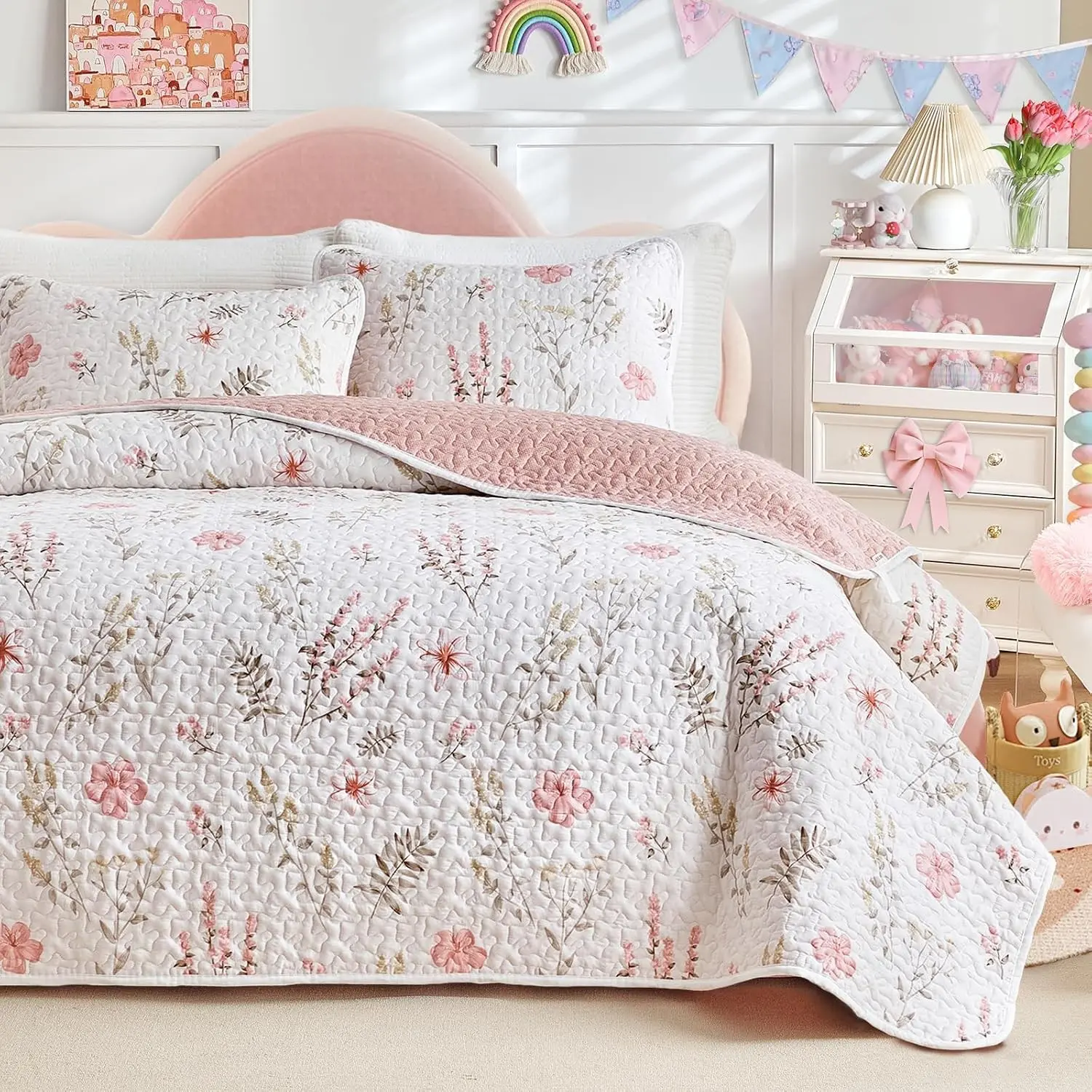 3 Pieces Cotton Quilt Set for Girls, Queen Size Pink Floral Design, Cozy Lightweight Quilt Bedspread Bed Cover for All Season, 1 Quilt and 2 Pillow Shams- 90x90 inches