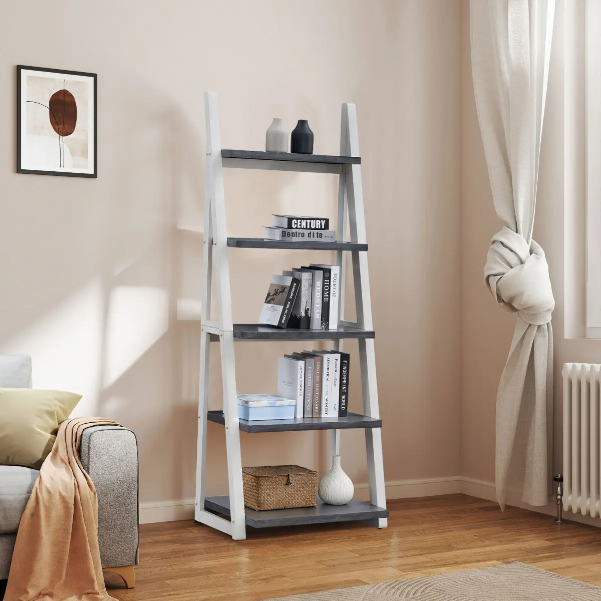 5-Tier Woody Rectangle Freestanding Ladder Bookshelf, Single Unit with Solid Rubber Wood Solid Frame, Sturdy Indoor Organiser & Storage Rack for Living Room, Home Office