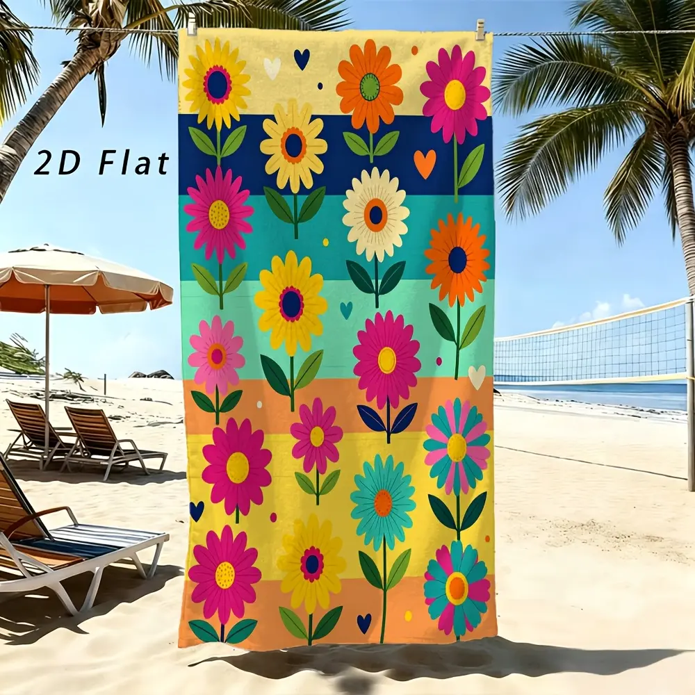 1pc beach towel, Retro Floral Daisy Print Bath Towel, Colorful Striped Background with Daisies and Hearts Beach Blanket, Playful Mid-Century Floral Pattern Seaside Towel, Bright Multicolor Tone Towel, Perfect for Flower Lovers, Retro Art Fans