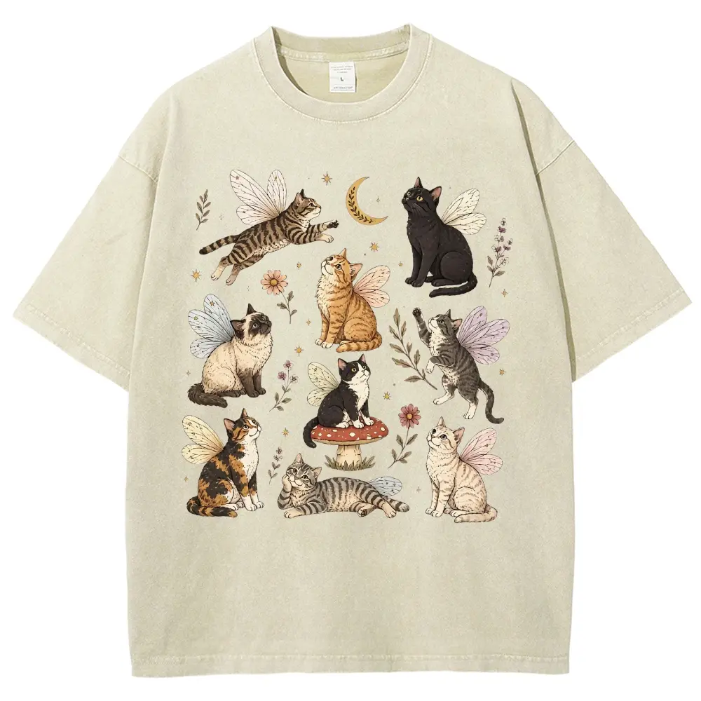 Fairy Wing Cats Wildflower Crescent Moon Vintage Washed Oversized T-Shirt, Cottagecore Magical Cat Lover Comfort Outfit, Perfect Birthday Gift For Women Cat Mom Fairy Aesthetic Casual Street Tee