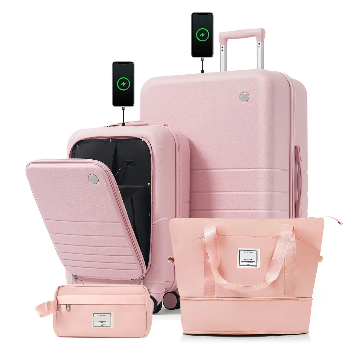 Luggage Set 4-Piece with USB Charging Ports - 20in Carry-On (Front-Opening for Laptop) 28in Checked Suitcase with TSA Lock Travel Duffel Bag Wet-Dry Toiletry Bag, Luggage Hardside Suitcase sets, Pink