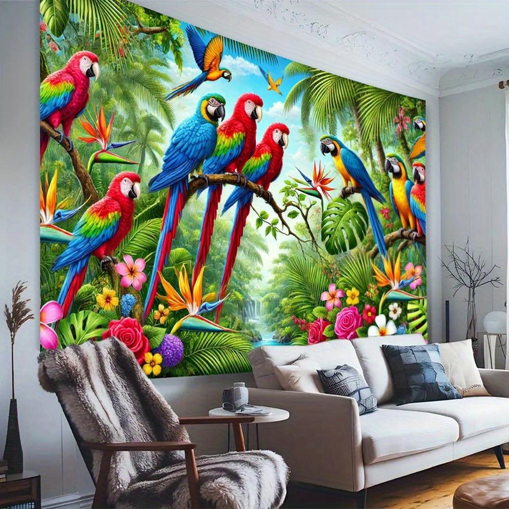 Vibrant Parrot Print Tropical Rainforest Photography Backdrop, Durable Polyester Tapestry for Birthday Party Decor, Indoor-Outdoor Event Props, Studio Use (No Electricity Needed),summervibes