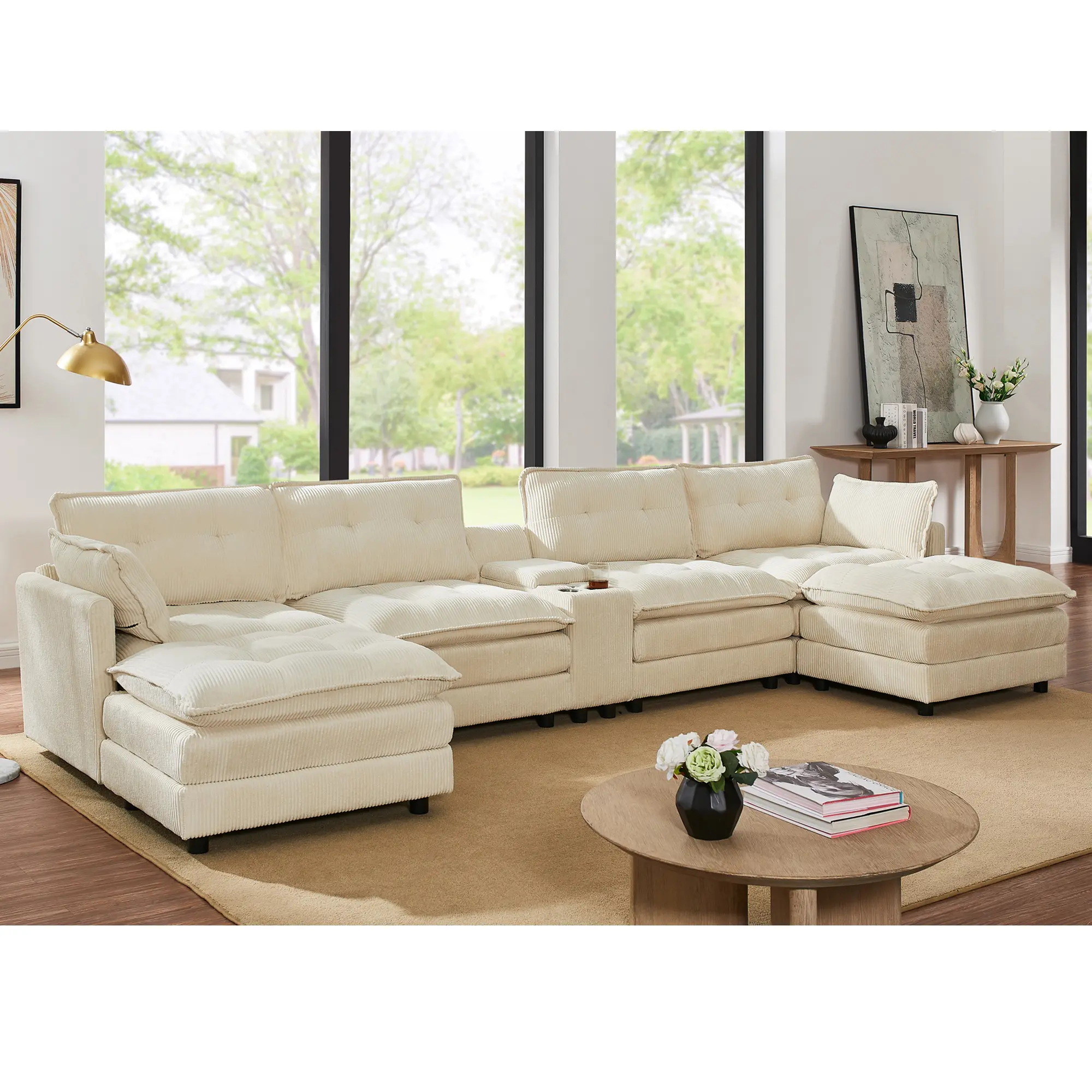154-Inch Modular U-Shaped Cloud Sectional Sofa Set with Ottomans, 6-Seat Capacity Corduroy Couch, Central Console with USB Port, Assembly Required, Beige Living Room Furniture for Movie Nights