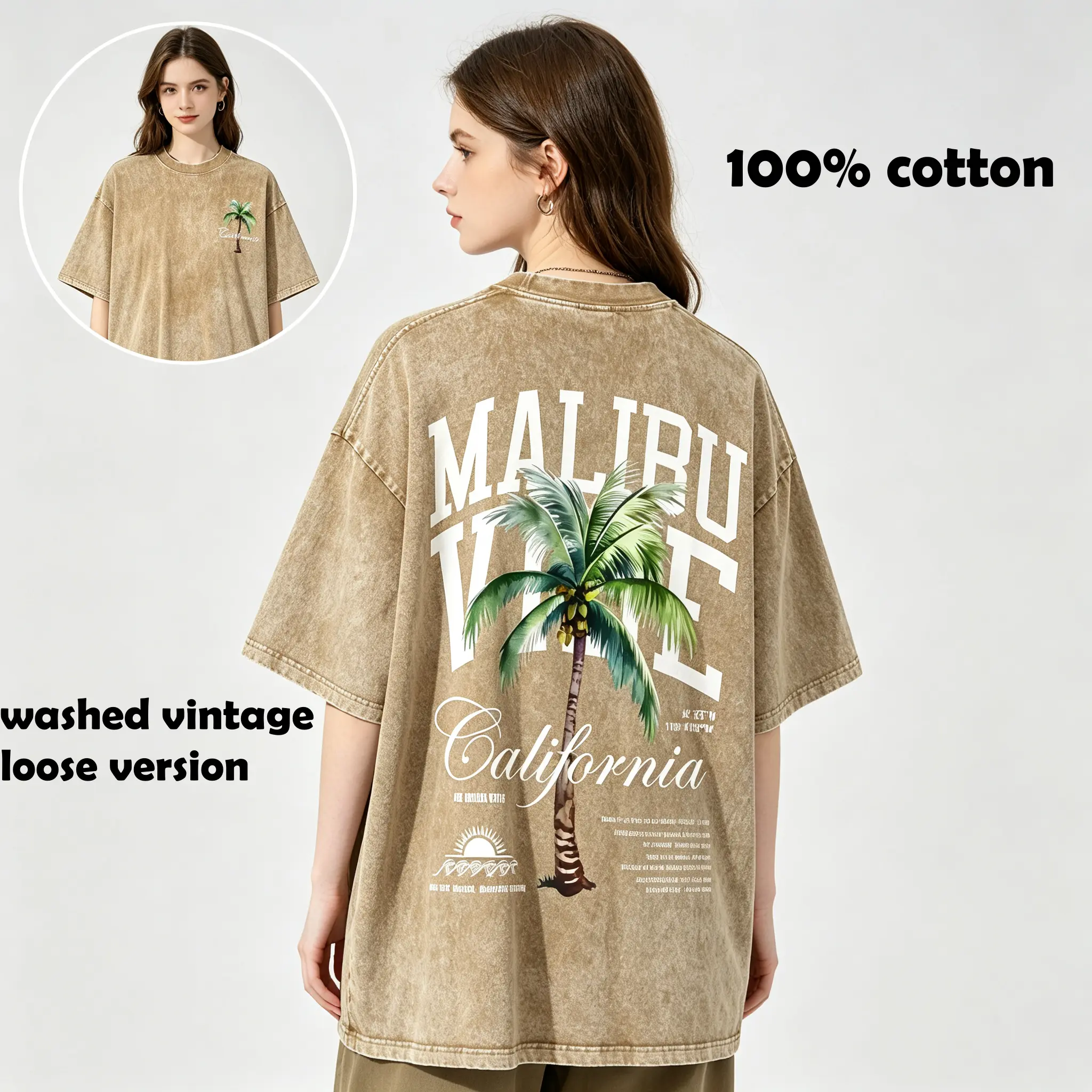 Vintage Acid Wash T‑Shirt Malibu California Palm Tree Double Sided Graphic Tee Retro Beach Streetwear Top For Women