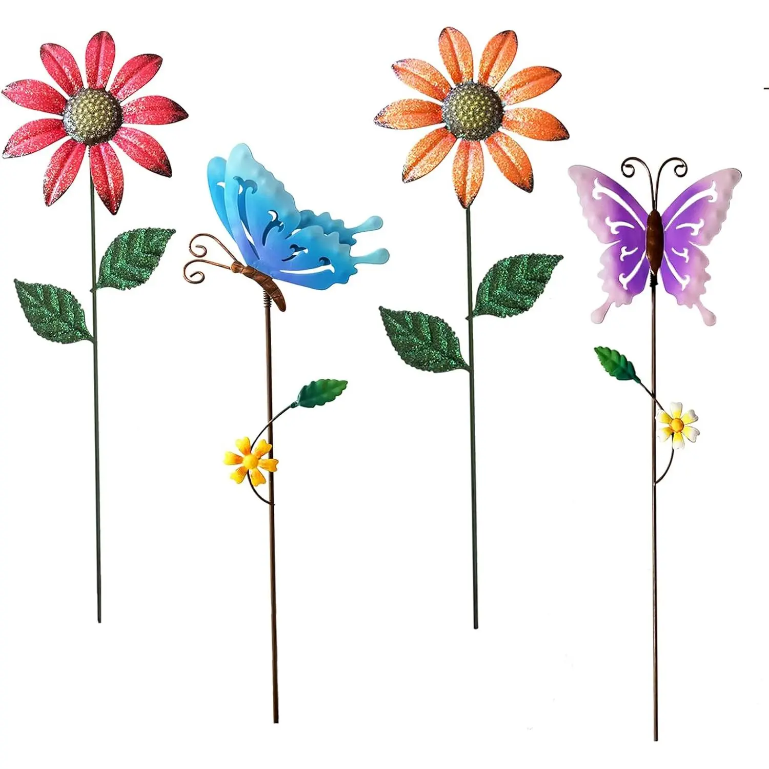 4-Pack 16.15" Metal Butterfly & Flower Garden Stakes, Outdoor Decor Shaking Yard Art, Spring Garden Supplies for Patio & Pathway