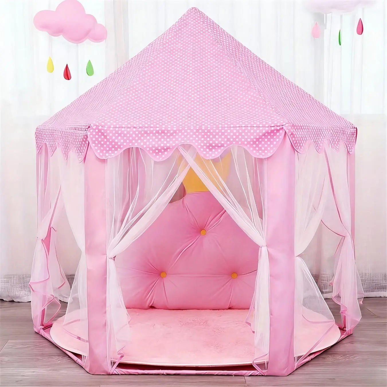Princess Tent Girls Large Playhouse Kids Castle Play Tent with Star Spot Pattern Dollhouse for Kids Indoor fun and Outdoor Play, 50" x 53" (D x H)