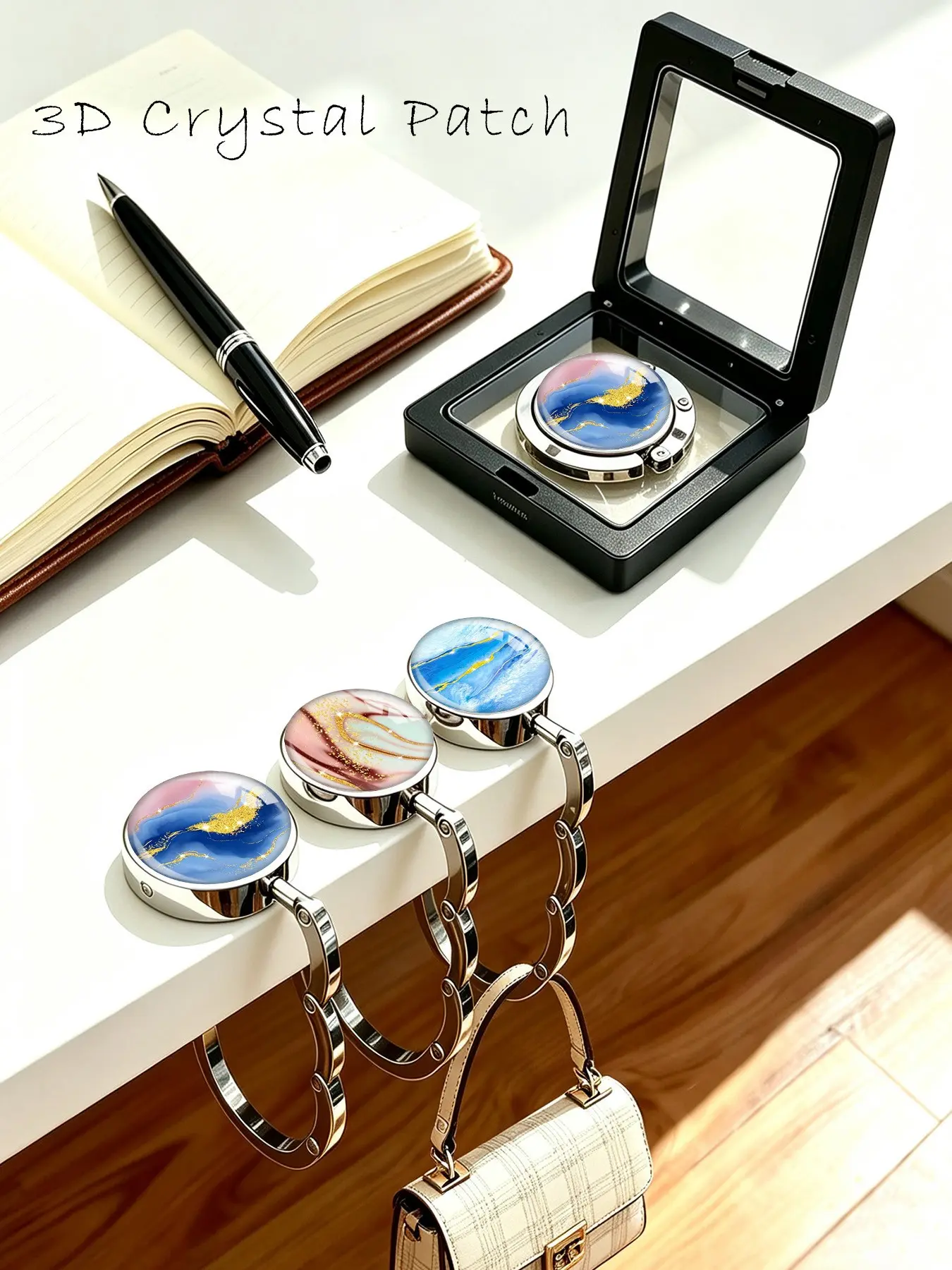 3PCS Fluid Art Marble Table Purse Hook for Handbag, Foldable Metal Bag Hanger for Table, 3D Crystal Patch Desk Bag Holder Purse Hanger for Women Handbag Backpack, Bag Accessories, Gift Box Packed