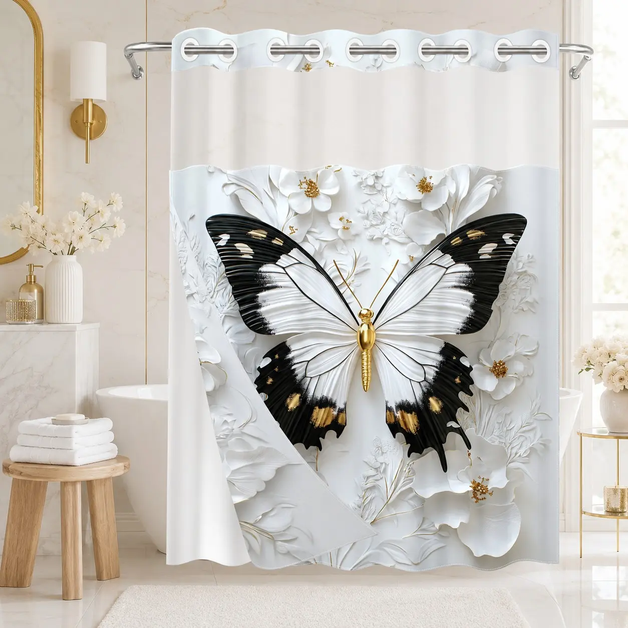1Pc Hookless Double Layer Shower Curtain, Floral Shower Curtains For Bathroom, Black White Gold Floral Print, Bathroom Decor, Water Repellent Washable Fabric, Removable Snap-in Liner, Top See-Through Window, For Apartment, Hotel, RV