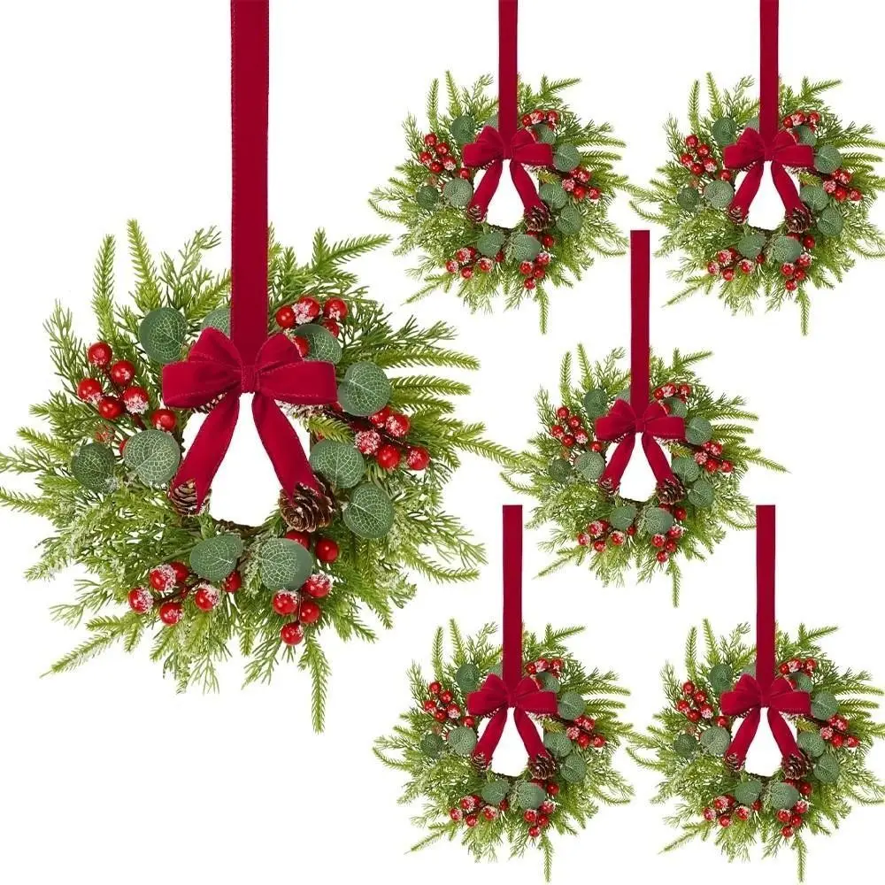 6 Piece Mini Christmas Cabinet Wreaths, Small Christmas Wreath Decorations, Norfolk Pine Artificial Berry Cedar Wreath with Ribbon