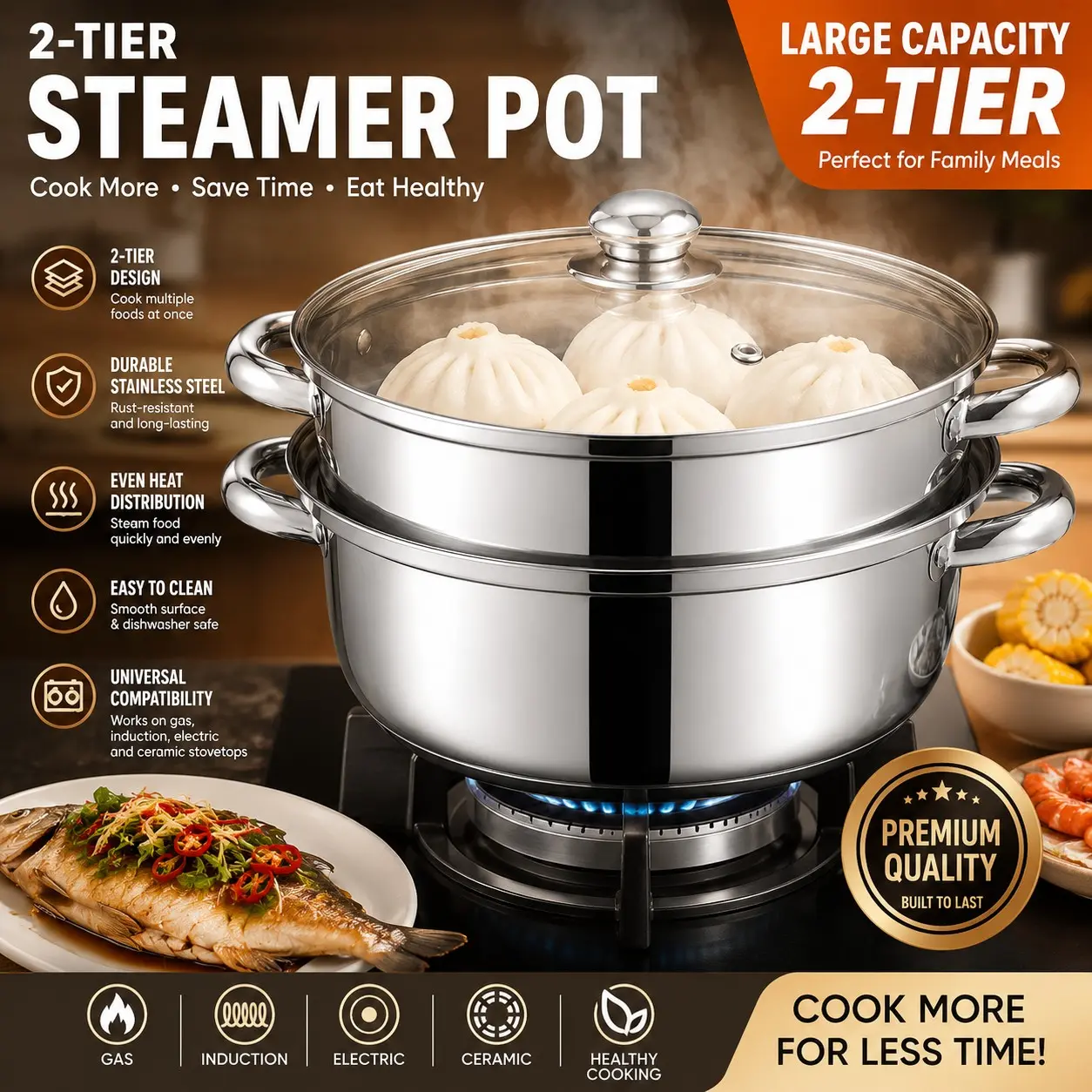 Durable stainless steel steamer with double bottom and versatile pot. Glass cover is easy to clean and can steam soup, fish, vegetables, and hot pot. The flat bottomed pot is suitable for home use, restaurants, schools, outdoor, and commercial use