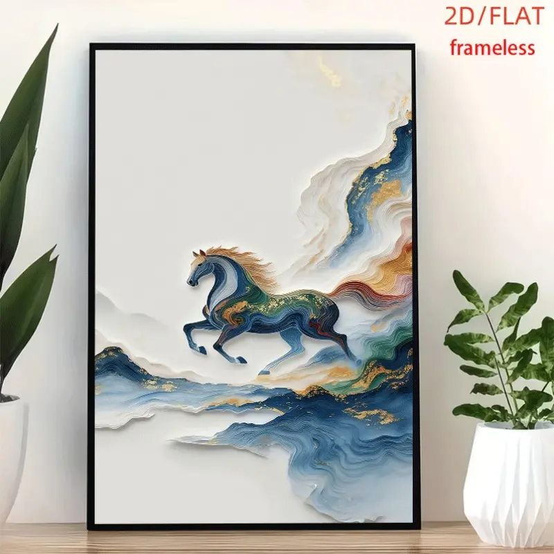 frameless Gilded Steed Leaping Through Clouds Art Art Decor Print Poster, Wall Art for Living Room, Bedroom, Office, Dining Room & Bar, Perfect Gift & Home Decor, 12in x 16in