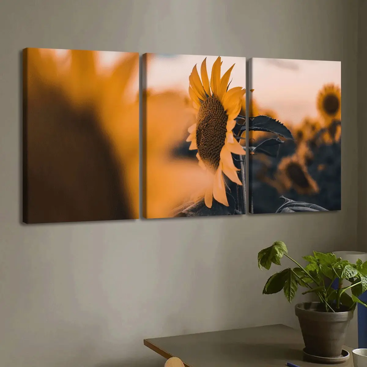 3-Piece Wood Framed Bright Sunflower Triptych Canvas Decorative Painting - Ready-to-Hang Home Decor for Living Room, Bedroom - Christmas New Year Gift Ideas