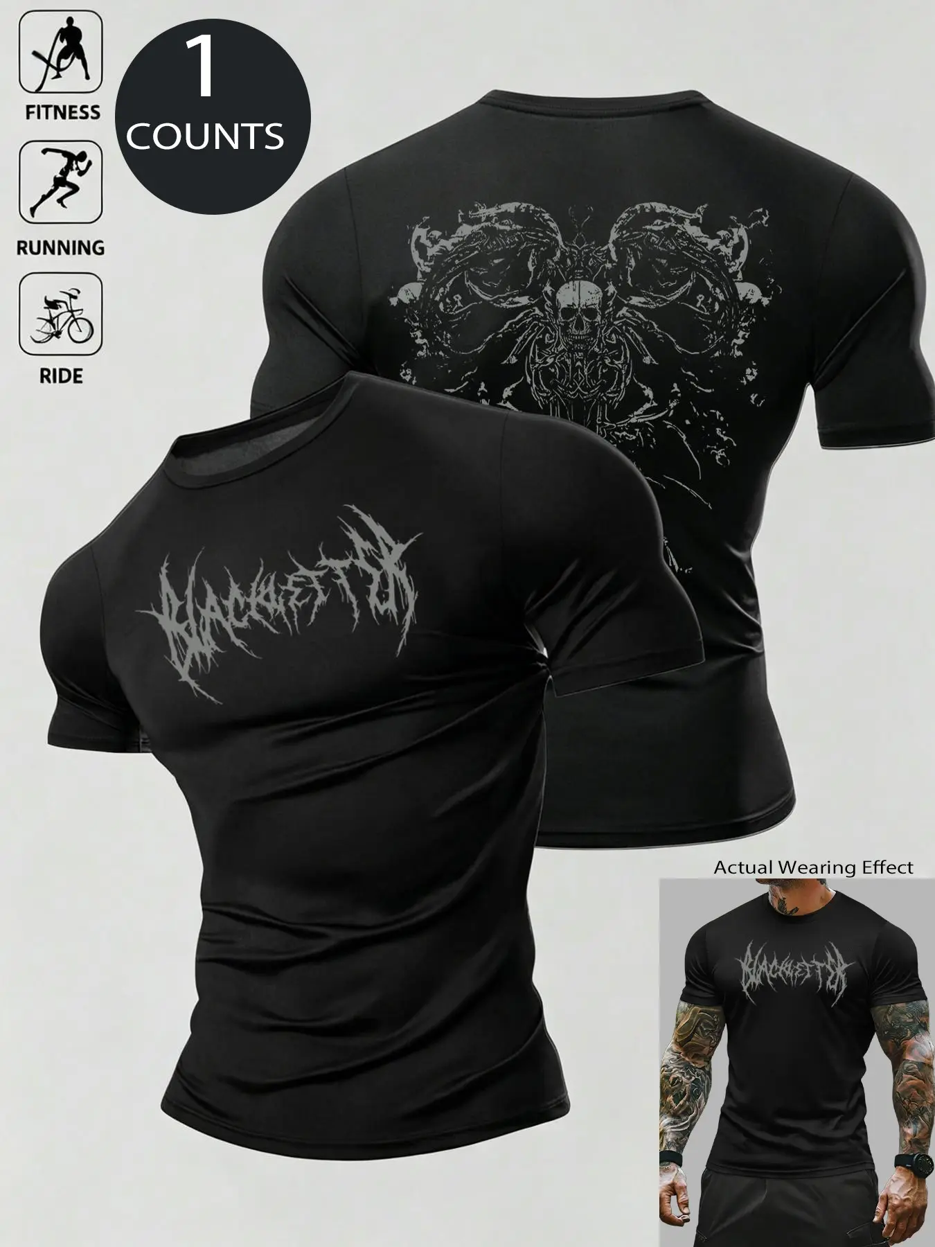 Men's Gothic Print Fitness T-Shirt, Quick-Dry Breathable Moisture-Wicking, Y2K Dark Goth Sport Tee, Streetwear Style for Gym, Running, Cycling, Casual Workout Tops