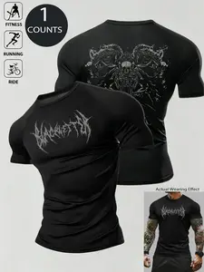 Men's Gothic Print Fitness T-Shirt, Quick-Dry Breathable Moisture-Wicking, Y2K Dark Goth Sport Tee, Streetwear Style for Gym, Running, Cycling