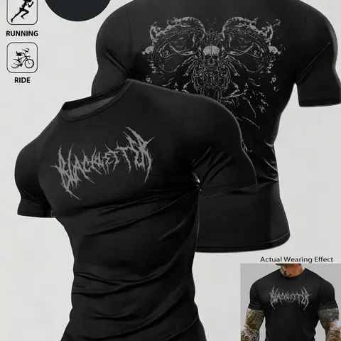 Men's Gothic Print Fitness T-Shirt, Quick-Dry Breathable Moisture-Wicking, Y2K Dark Goth Sport Tee, Streetwear Style for Gym, Running, Cycling, Casual Workout Tops, Activewear Tee