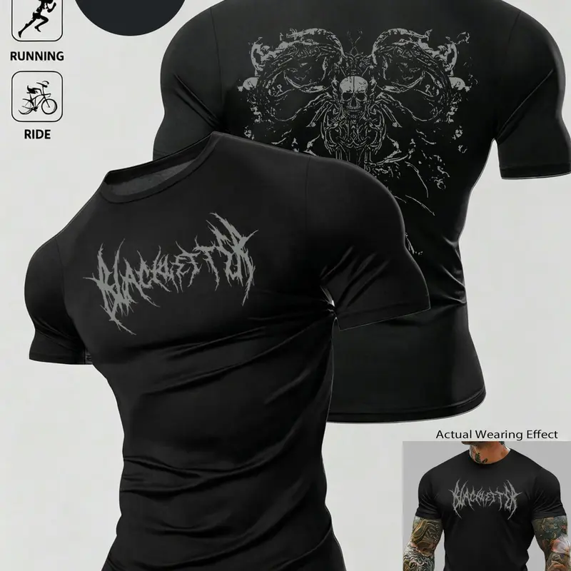 Men's Gothic Print Fitness T-Shirt, Quick-Dry Breathable Moisture-Wicking, Y2K Dark Goth Sport Tee, Streetwear Style for Gym, Running, Cycling, Casual Workout Tops, Activewear Tee