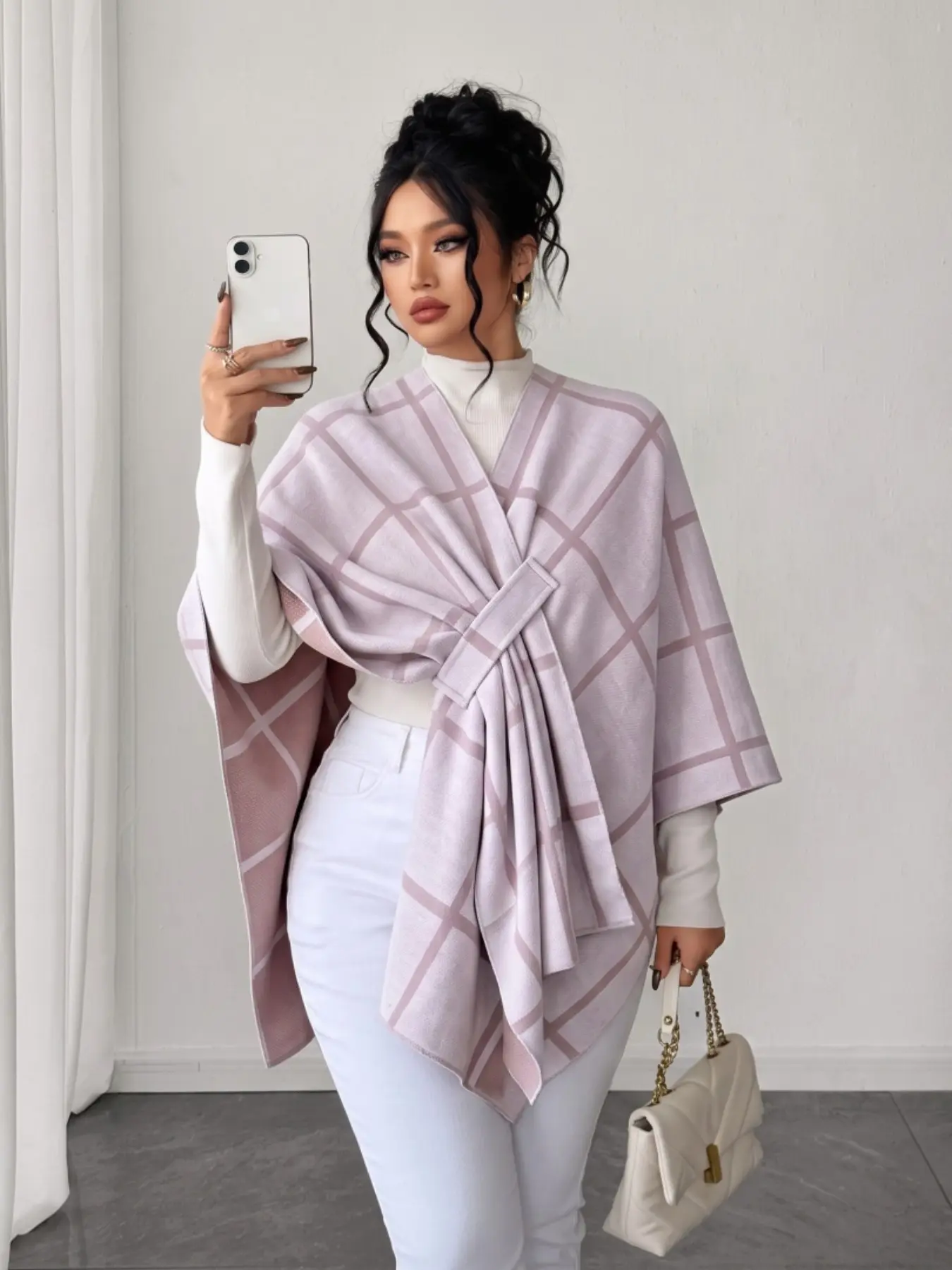 Women's Elegant Plaid Cape Shawl, Button Poncho Wrap, Thick Warm Winter Outerwear, Modest Travel Cover Up, Ideal Gift