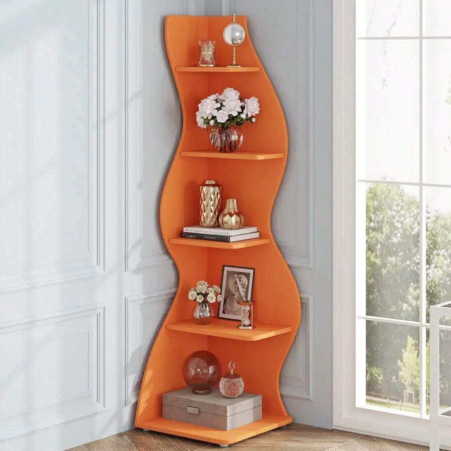 5-Tier Corner Shelf, Rustic Corner Bookshelf, Stylish Corner Small Bookcase Storage Rack Plant Stand With Unique Shape Living Room, Home Office