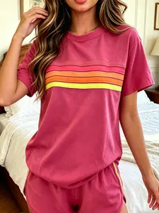 Two-piece women's fashion casual sportswear set, loose and slim-fit with rainbow striped design, perfect for summer, vacations, indoor, and outdoor wear, athleisure tracksuit outfit, Womenswear