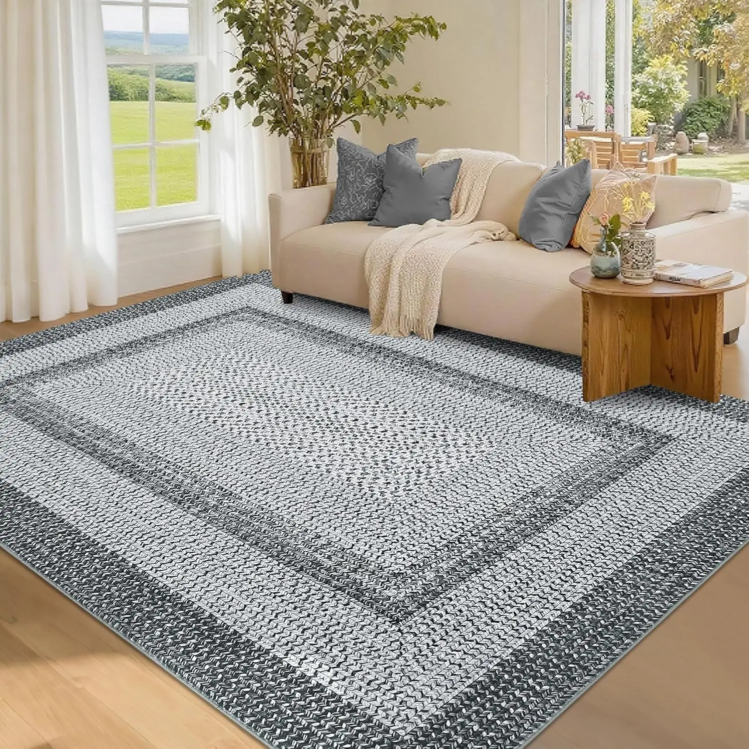 Jumbo Polyester Area Rug - High-Traffic Plush Look Carpet for Large Living Room, Washable Non-Skid, Luxurious Gabbin Weave