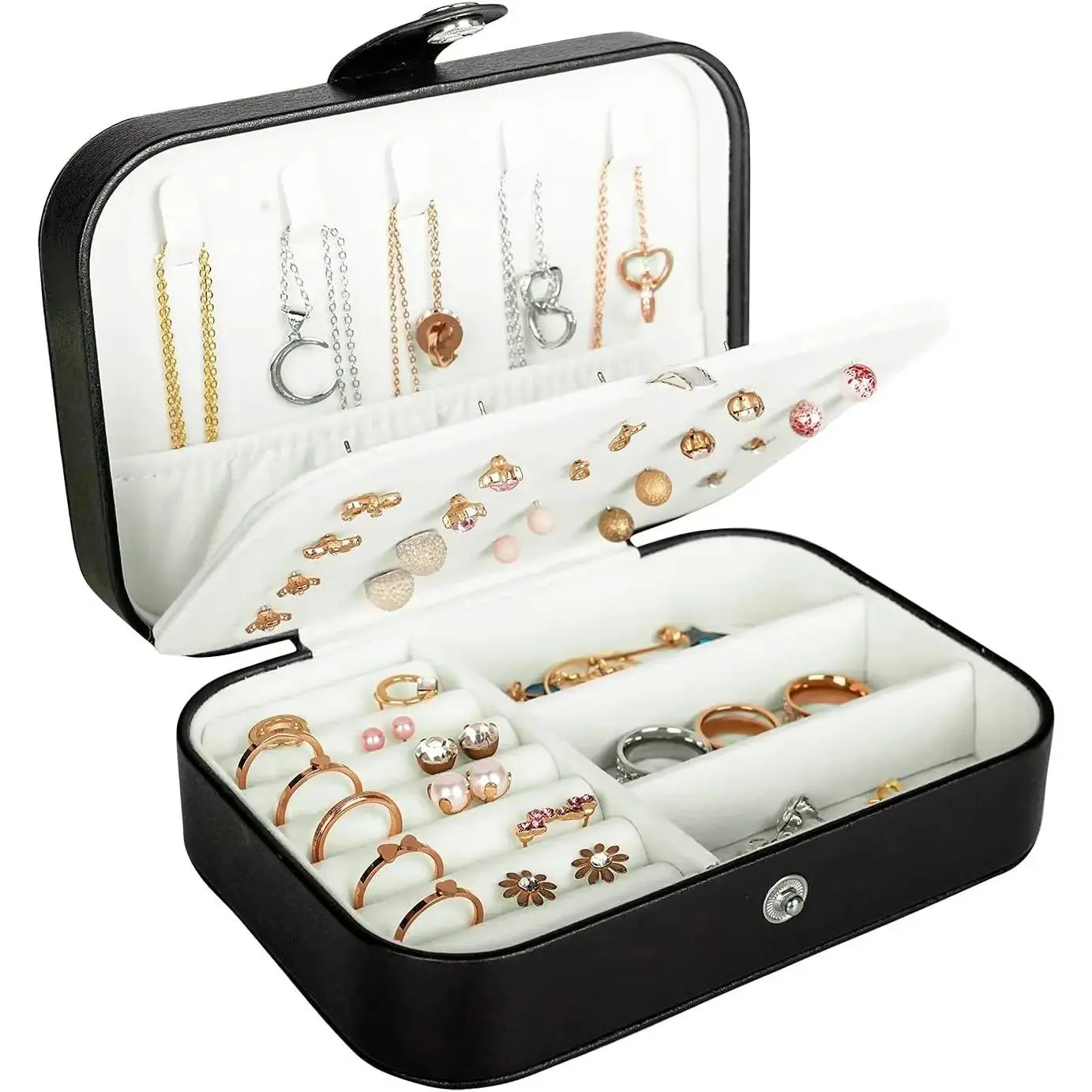 Women's Durable Multifunctional Miniature PU Leather Jewelry Organizer Box - Portable 57 inch Small Travel Bag Accessory, Double Layer, Removable Compartment Containers, for Rings,Earrings,Necklaces,Earring Holder Organizer
