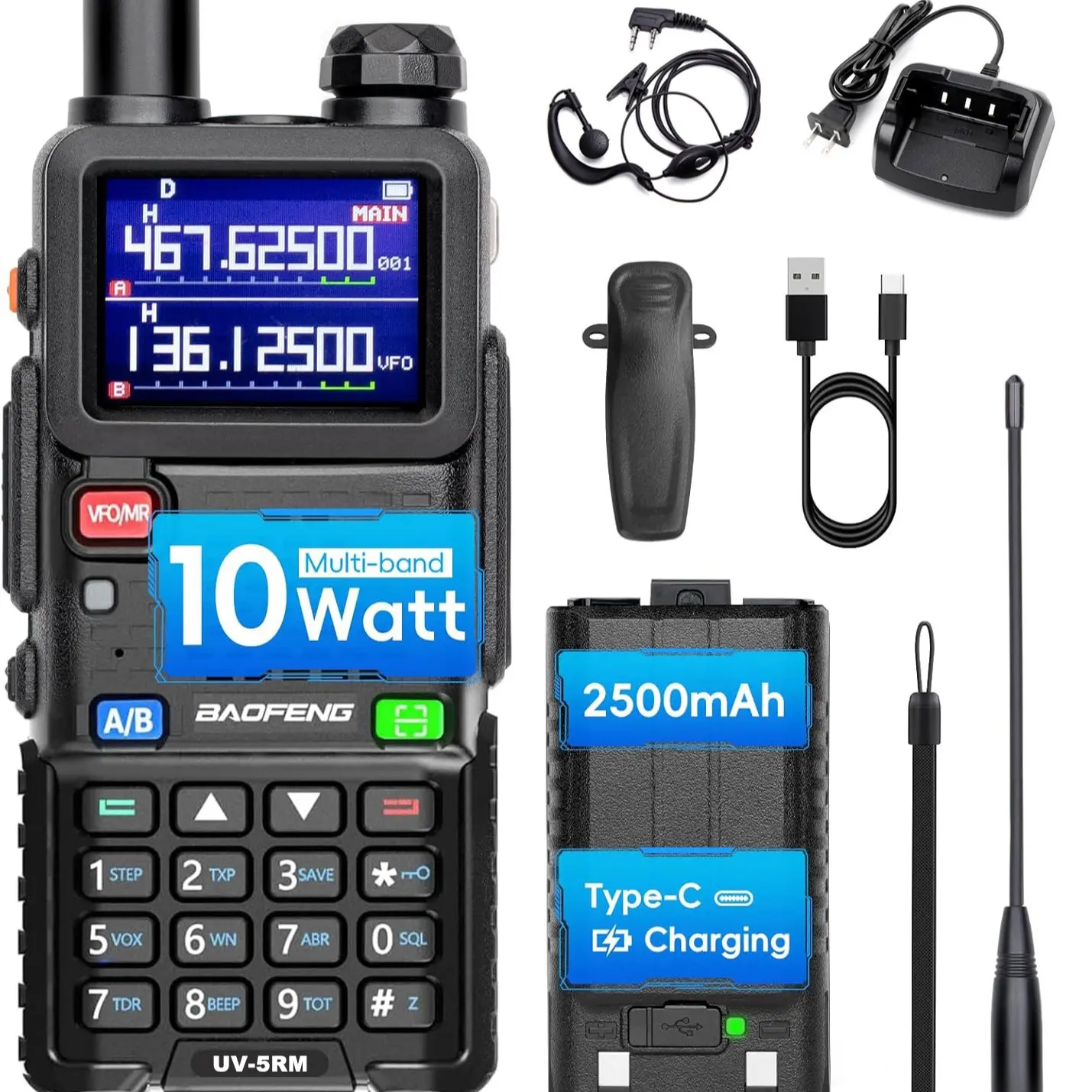 Ham Radio Baofeng Radio 5RM 10W Long Range Handheld Portable UV-5RM Two Way Radio Upgrade UV-5R NOAA Weather Receiver Rechargeable Walkie Talkies Longe Range DTMF Copy Frequency 999CH with Type C Charging