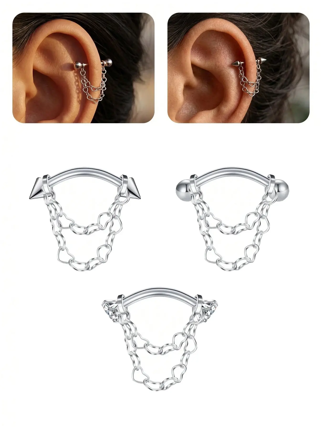 Stainless Steel Zircon Stud Earrings, Heart Twin Chain Design, 16g Rook Piercing, Cartilage, Vertical Labret, Lip Piercing, Fashionable Ear Accessories Gift