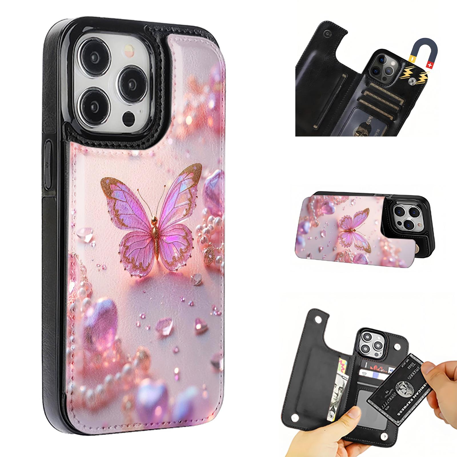 Beautiful Pink Butterfly Jewelry Design Pattern Leather Card Holder Phone Case,for iPhone 17 16 15 14 13 12 11 Pro ProMax Plus  Air series , Samsung Galaxy S25 ULTRA FE Plus S22 S23 FE S24 Plus,Pumpkin,Drink,Note11Pro