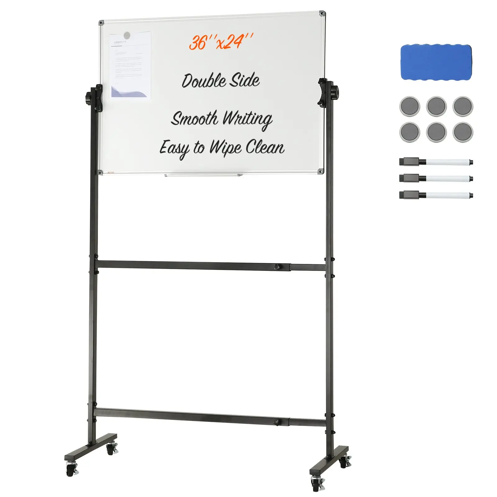 【DealsForYouDays】VEVOR Rolling Magnetic Whiteboard, Double-sided Mobile Whiteboard 36x24 Inches, Adjustable Height Dry Erase Board with Wheels, 1 Magnetic Erase & 3 Dry Erase Markers & Movable Tray Office, School
