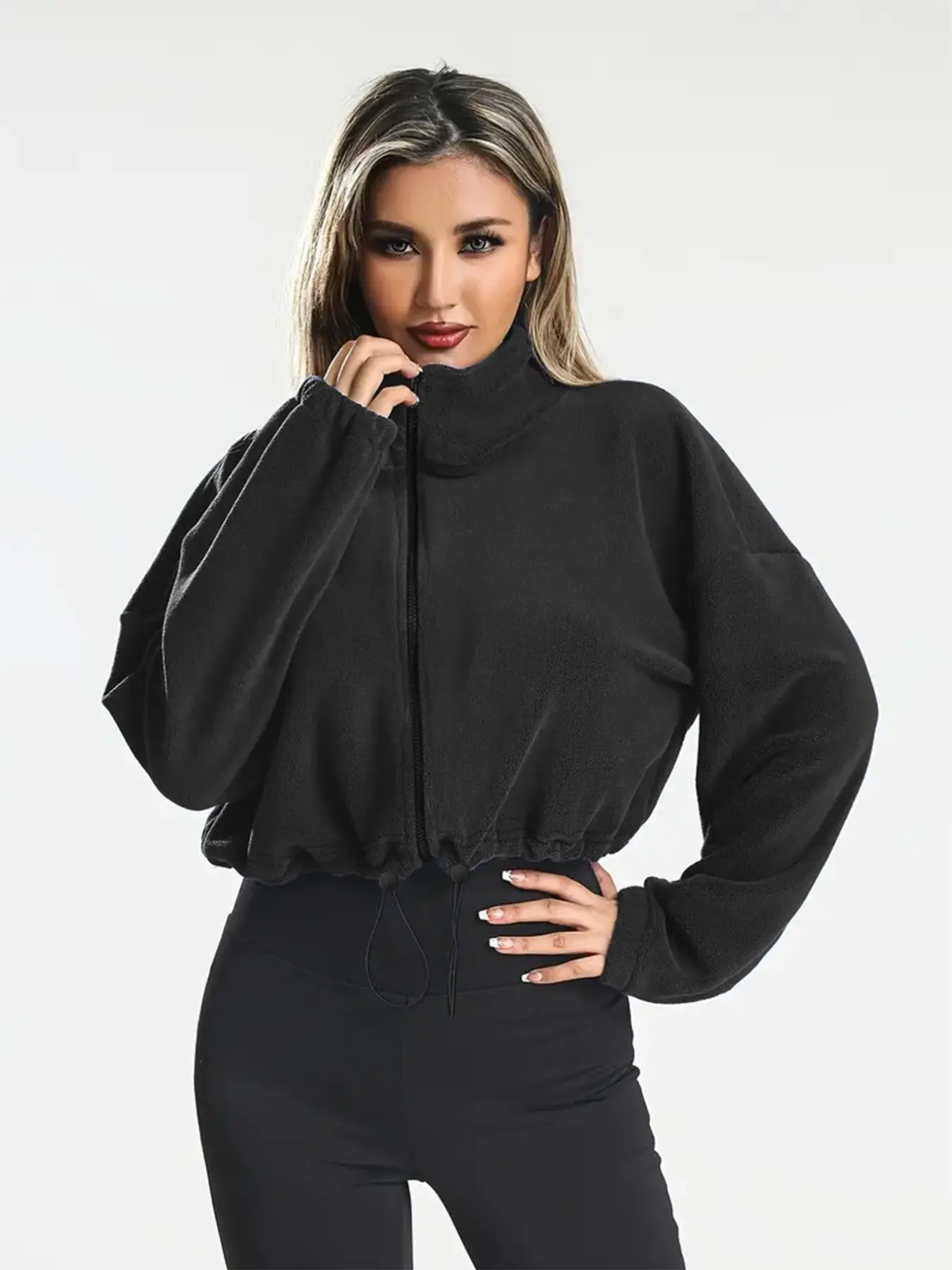 2026 Hot Selling Women Solid Beige Fleece Zip Up Cropped Jacket, Stand Collar Drawstring Hem Long Sleeve Coat, Loose Oversized Warm Outerwear For Y2K Preppy Street Daily Vacation Sporty Girl Outfits