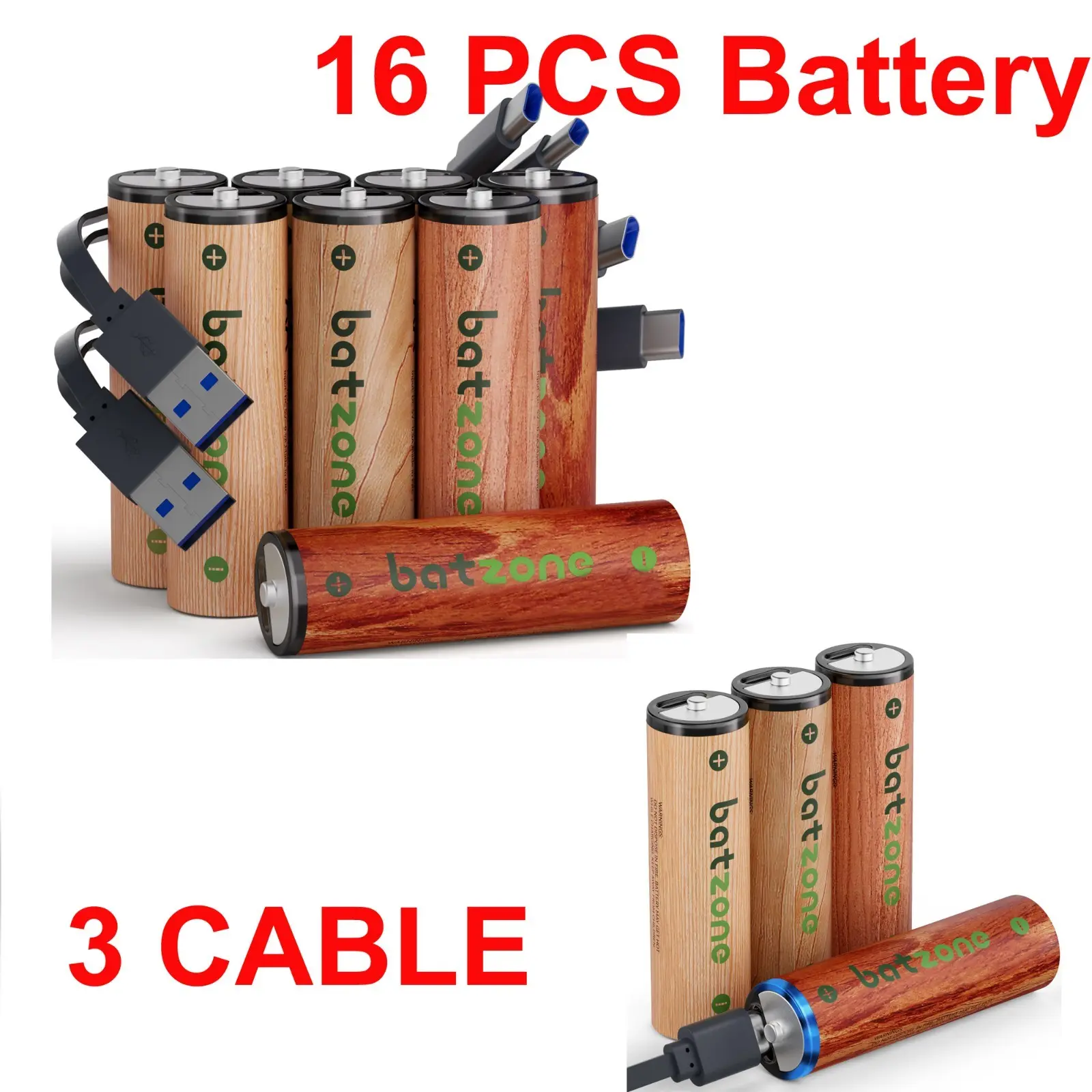 16 Pack 1.5V  3100mWh AA USB-C Rechargeable Lithium Battery Type C Port Battery + Cable
