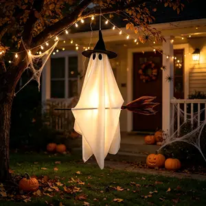 Glowing Flying Broom Ghost Hanging Decor, Halloween Cute Ghost Decoration, LED String Lights Remote Control, Indoor Outdoor Atmosphere Setup