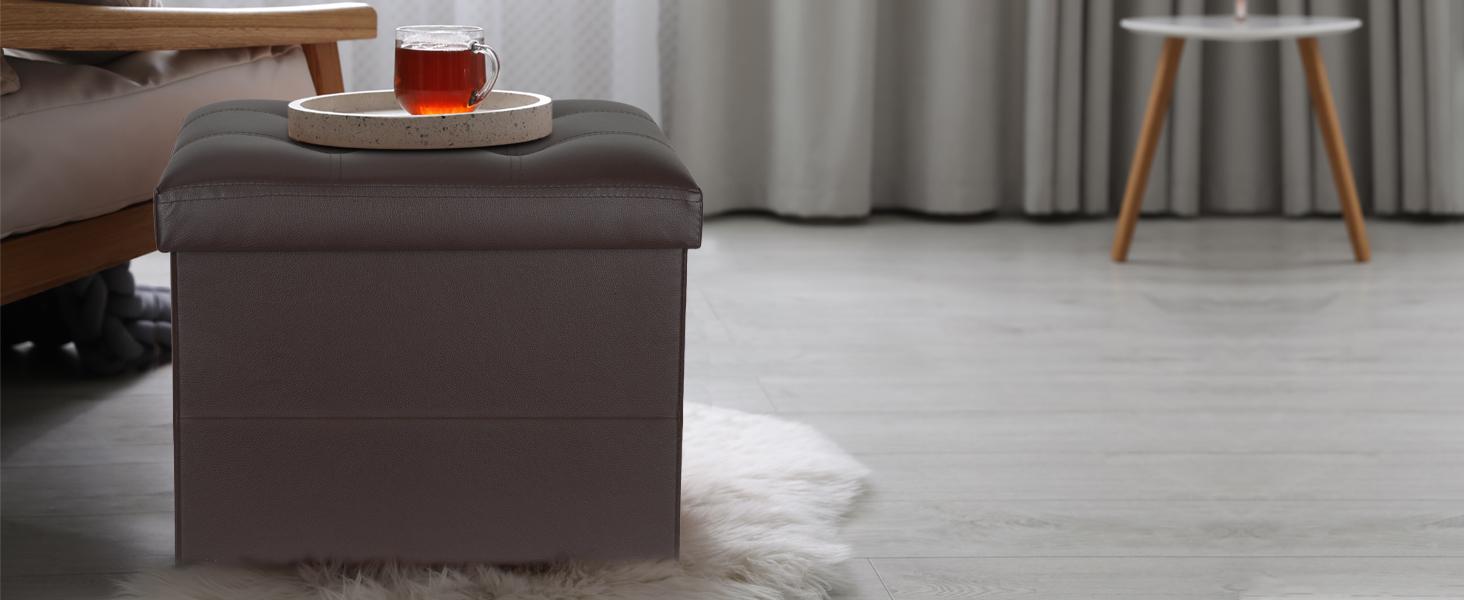 Storage Ottoman Foot Rest Stool, Foldable Leather Footstool Storage Bench with Thicker Foam Padded Seat. Foot Rest Under Desk for Living Room Bedroom 350 lbs, 17x13x13 in, Brown