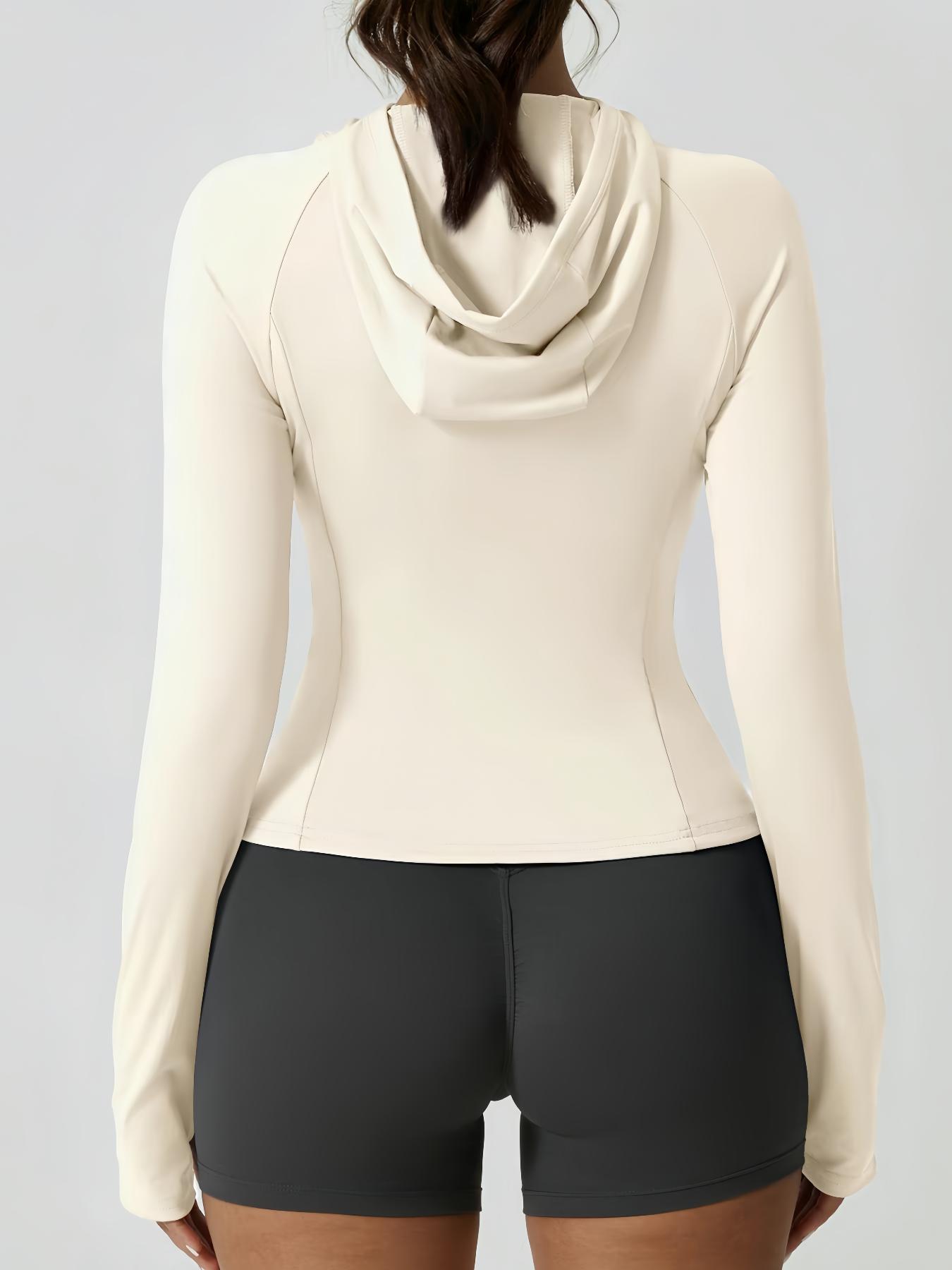 Women's Solid Color Thumb Hole Design Long Sleeve Zip Up Hooded Sports Jacket, High Stretch Sporty Comfortable Breathable Raglan Sleeve Pocket Hooded Jacket for Women, Ladies Sportswear for Indoor Outdoor Wear, Sporty Breathable Outerwear