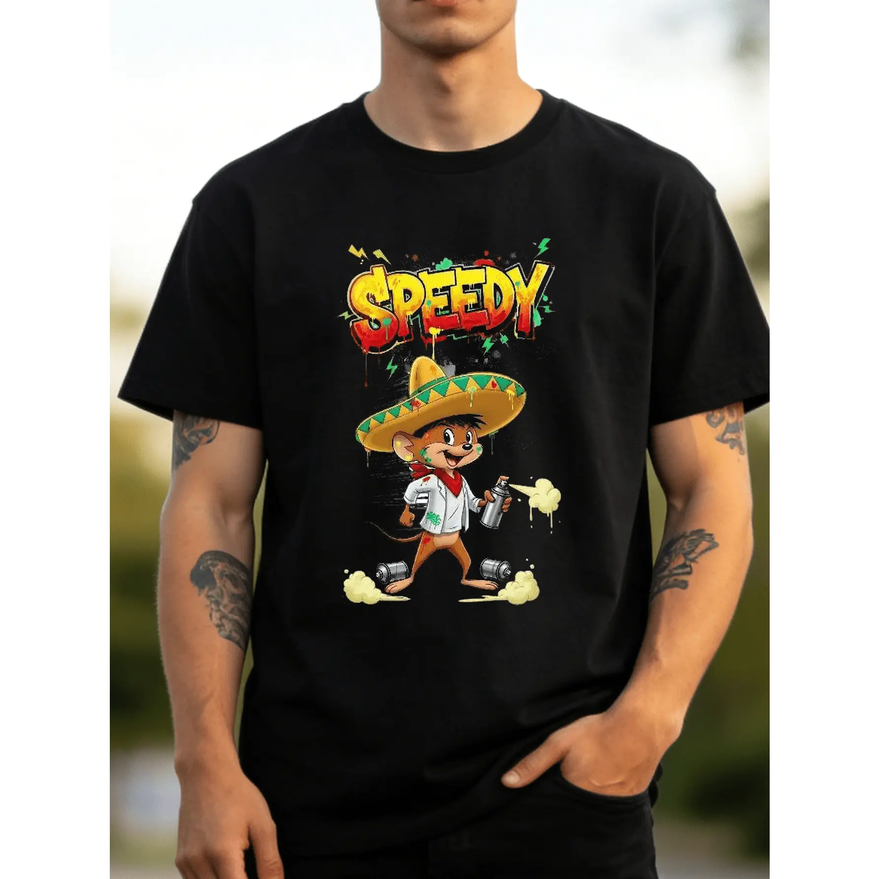 Men's Speedy Gonzales Graphic T-Shirt, Oversized Street Style Cartoon Tee in Soft Combed Cotton, Retro Streetwear Top for Hip Hop Fans, Tshirt