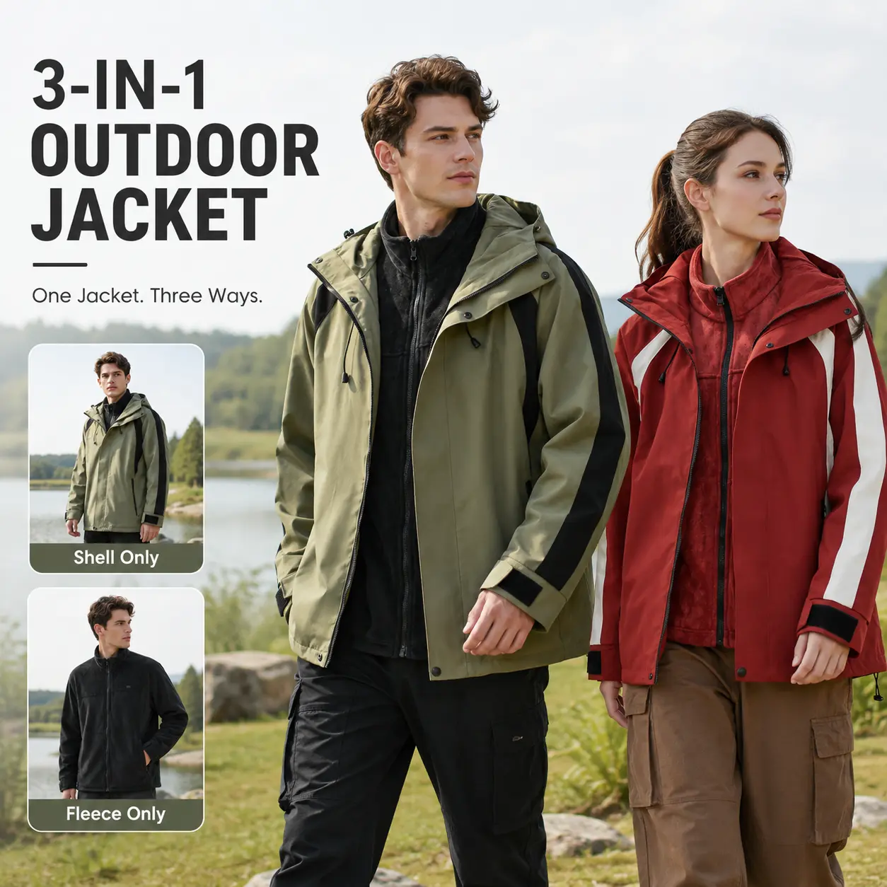 Unisex 3-in-1 Outdoor Jacket, Detachable Fleece Liner, Water-Resistant Wind-Resistant Hooded Winter Coat for Hiking and Camping