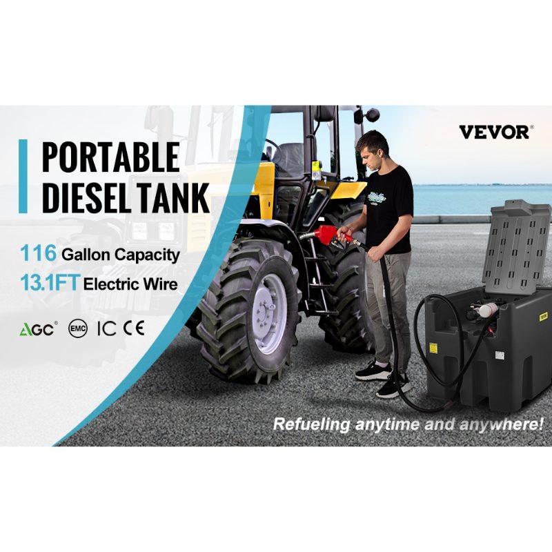 VEVOR Portable Diesel Tank, 116 Gallon Capacity 10 GPM Flow Rate, Diesel Fuel Tank with 12V Electric Transfer Pump and 13.1ft Rubber Hose, PE Diesel Transfer Tank for Easy Fuel Transportation, Black