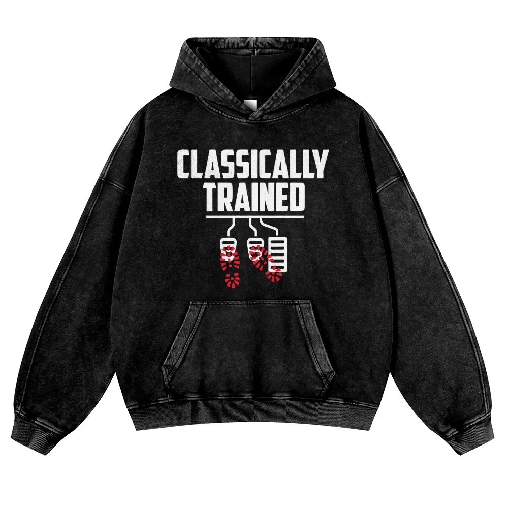 Vintage Acid Wash Black Graphic Hoodie | Unisex Oversized "Classically Trained" Stick Shift Pullover | Funny Manual Car Guy Gift 3 Pedals Sweatshirt Y2K